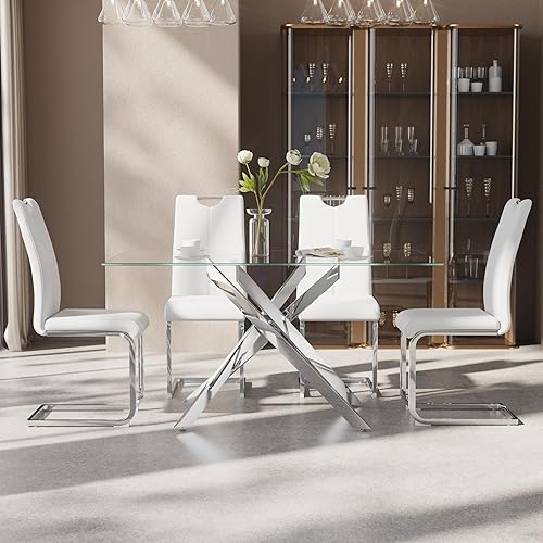 Miniatura 42 de Juego de mesa de comedor de 7 piezas para 6, mesa rectangular moderna de cristal con 6 sillas tapizadas de cuero, juegos de mesa y sillas de comedor