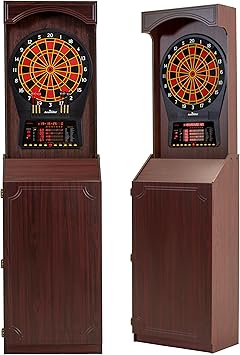 Arachnid Freestanding Cabinet Set Includes Cricket Pro 800 regulation board in a stylish cabinet with shelves. Offers 40 games, 8-player LED scoring, tri-color Cricket, and 6 darts