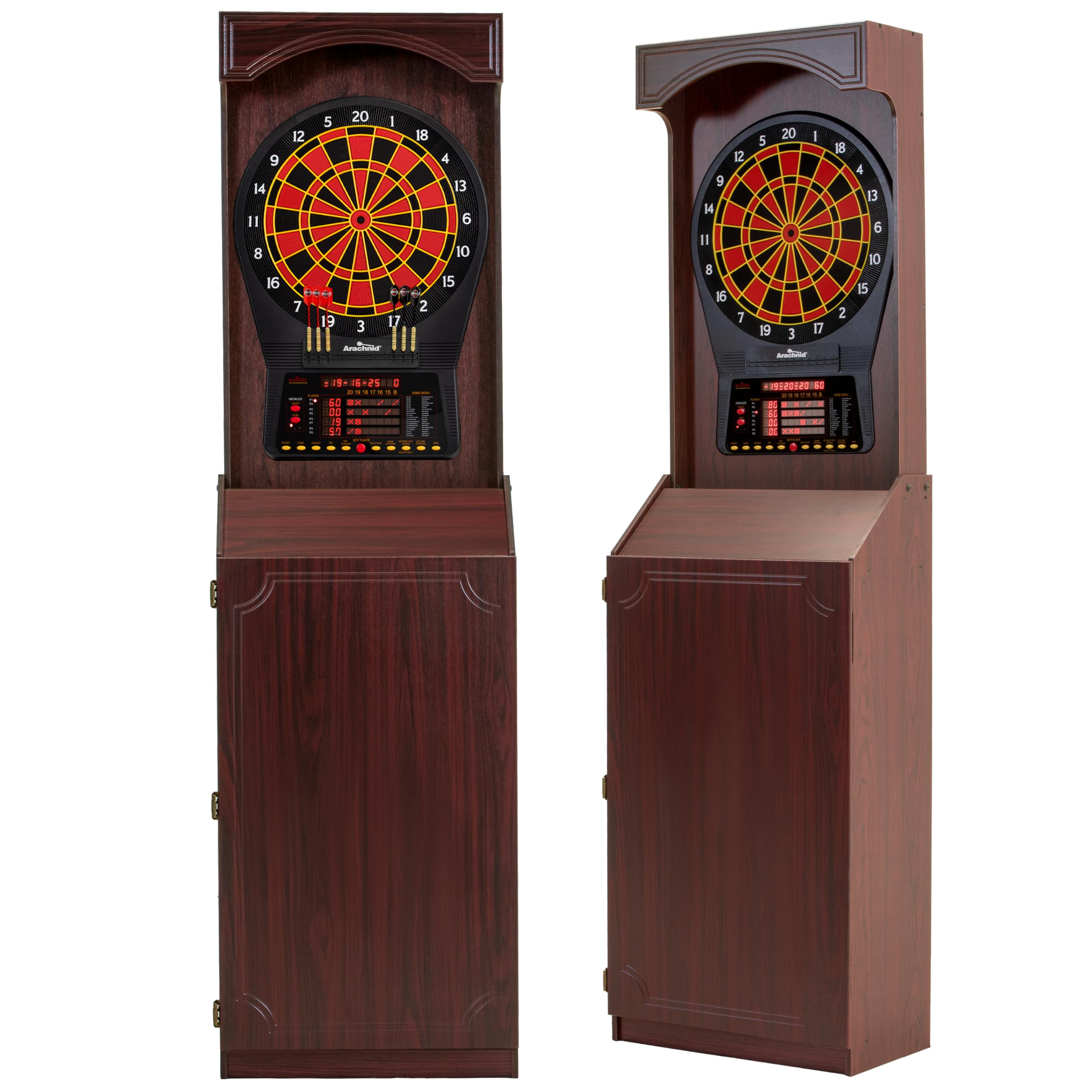 Arachnid Freestanding Cabinet Set: Includes Cricket Pro 800 regulation board in a stylish cabinet with shelves. Offers 40 games, 8-player LED scoring, tri-color Cricket, and 6 darts