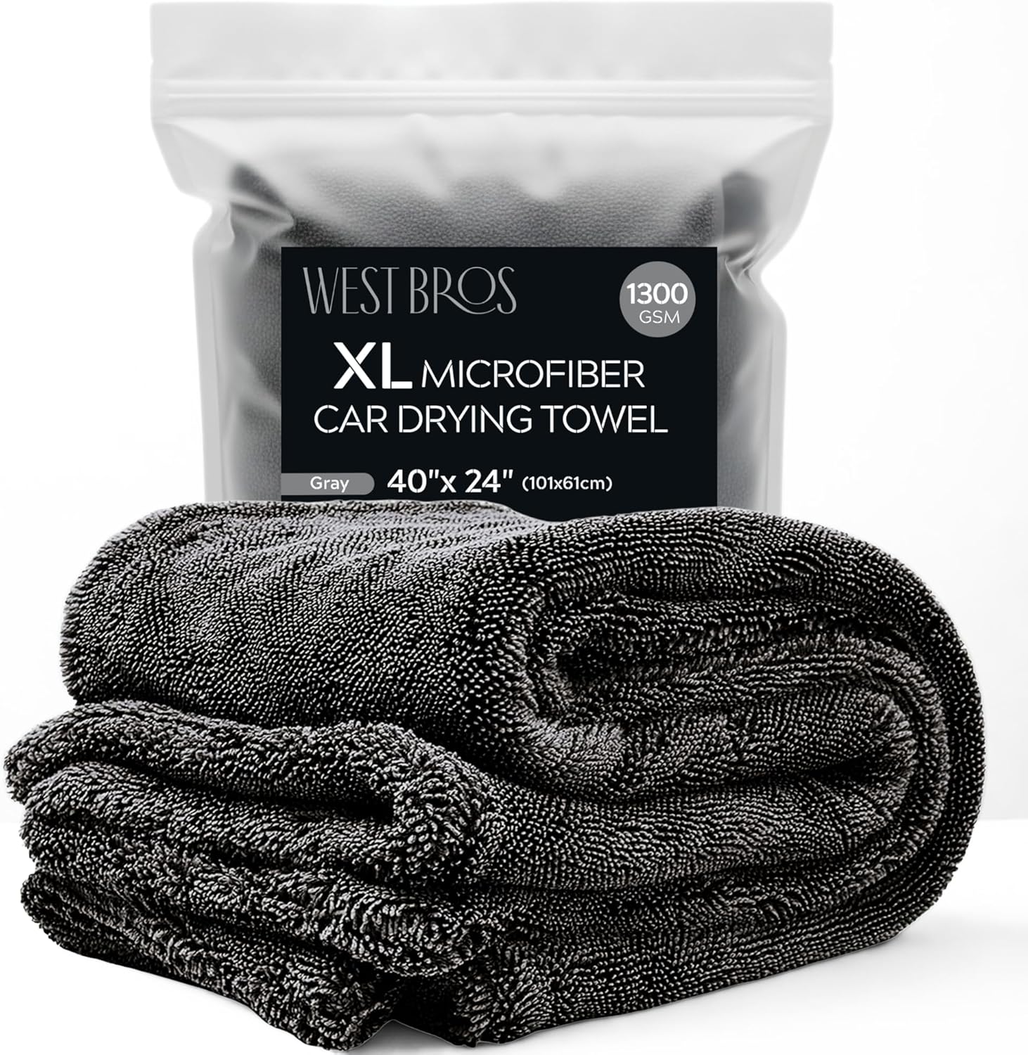 XL Car Drying Towel, 1300 GSM Professional Car Towel with Double Twisted Loop, Car Drying Towels Extra Large Super Absorbent, Microfiber Drying Towels for Cars, Trucks, SUVs - 40"x24", Gray