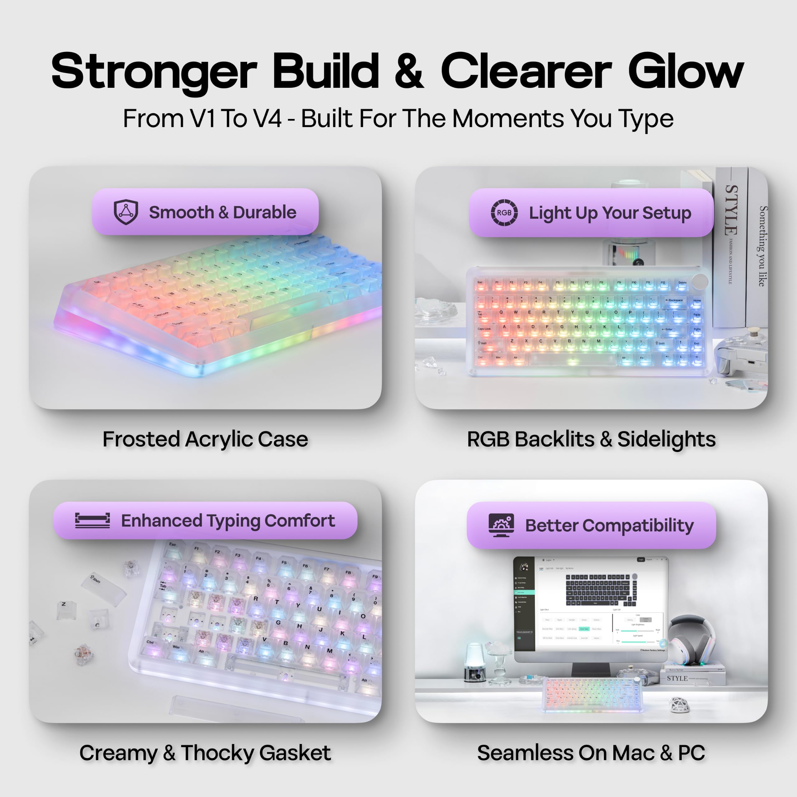 KiiBoom Phantom81 V4 Clavier mécanique en acrylique semi-transparent, joint crémeux, 75 % sans fil, avec batterie de 8 000 mAh, RVB, remplaçable à chaud, Shine Through, NKRO, Win/Mac (transparent)