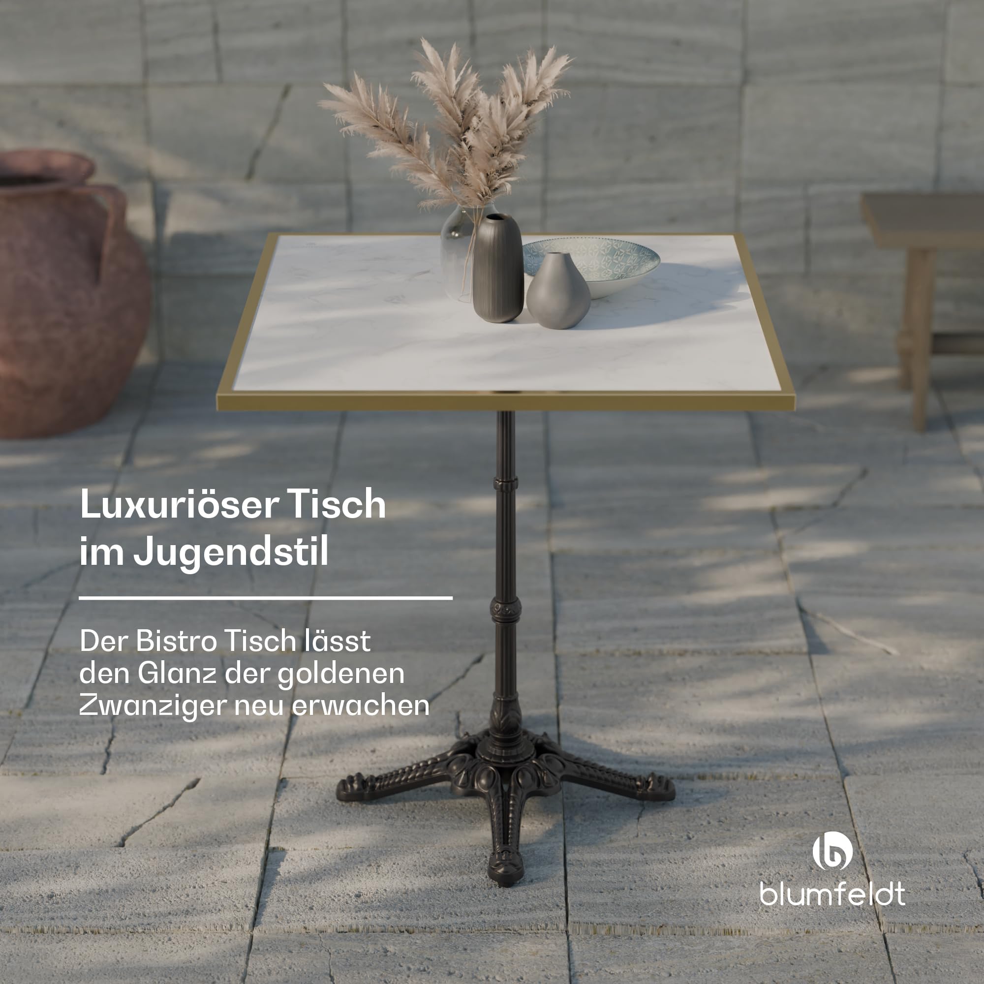 blumfeldt Bistrotisch – 60x60 cm Marmorplatte, Jugendstil-Design, Wetterfest, Gusseisenfuß, Ideal für Garten & Balkon, Einfacher Aufbau