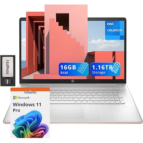 HP 17.3" HD+ BrightView Laptop, Intel Celeron N4120, 16GB DDR4 RAM, 1.16TB Storage (1TB SSD + 160GB Docking Station Set), Intel UHD Graphics, Num Pad, 720p Camera, Wi-Fi, Win 11 Pro, Rose Gold