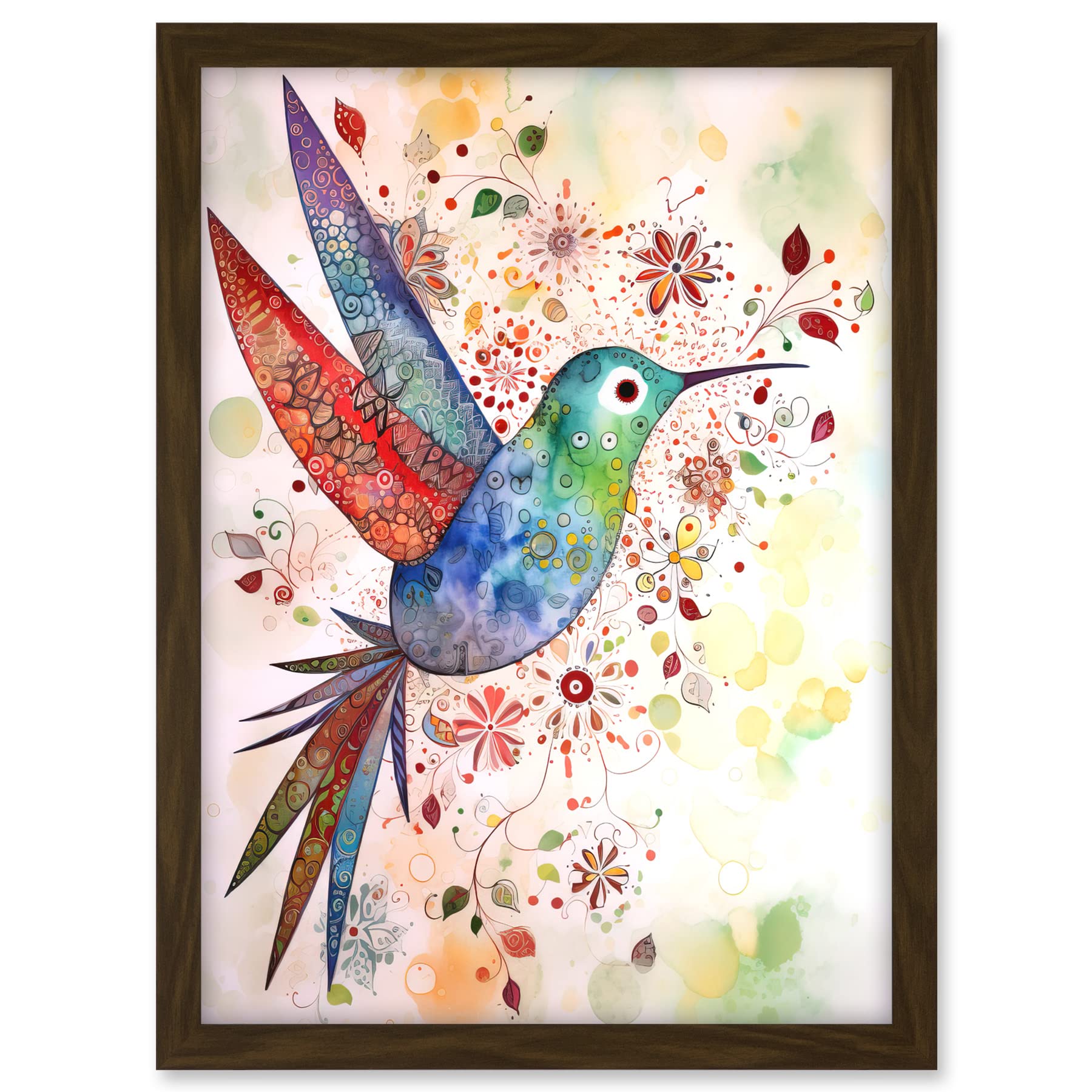 Artery8 Hummingbird With Flower Patterns Folk Art Watercolour Painting Artwork Framed A3 Wall Art Print