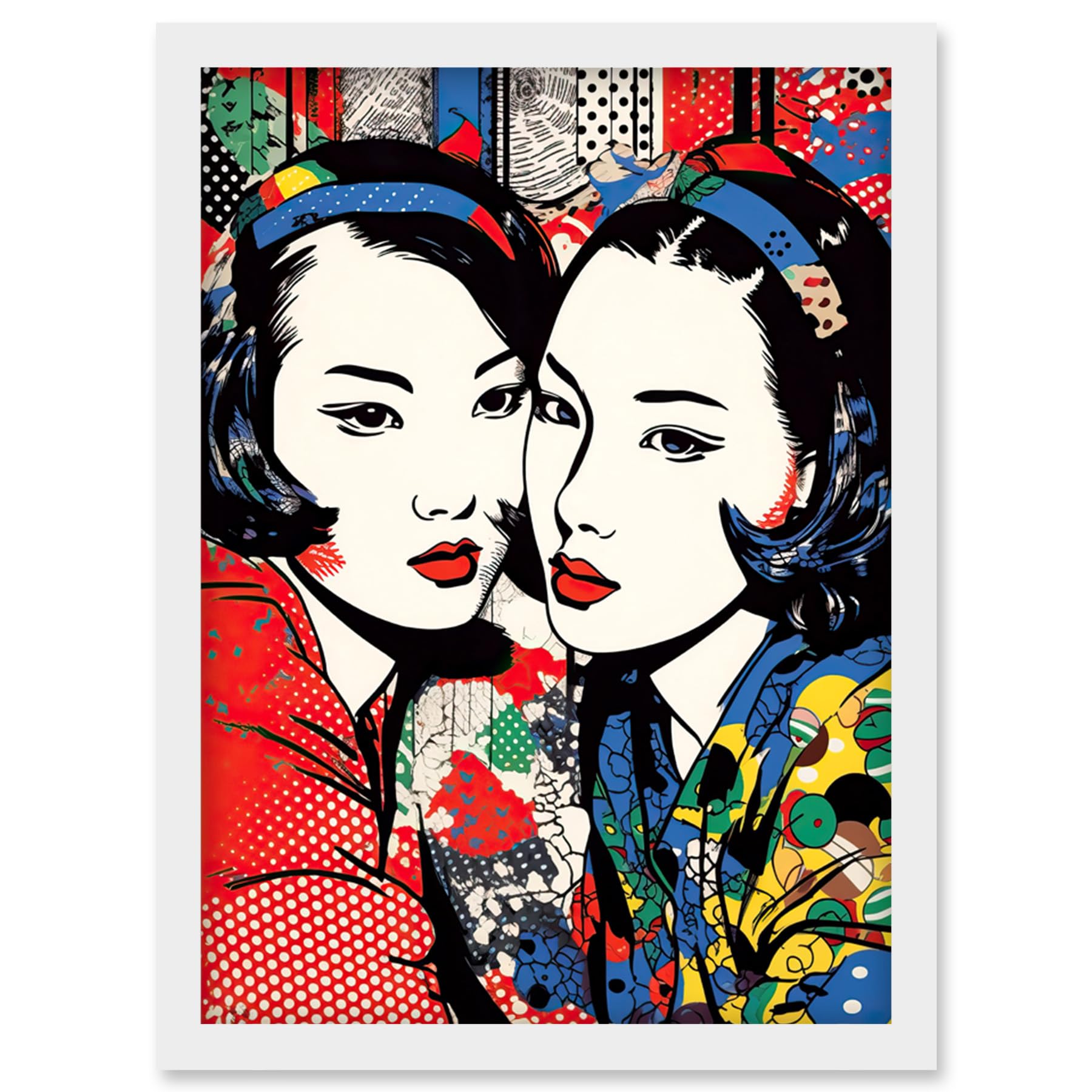 Artery8 Gay Japan Women Linocut Vibrant Geometric Patterns LGBTQ Pan Portrait Halftone Artwork Framed Wall Art Print A4