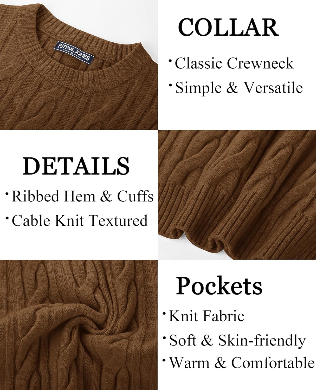 PJ PAUL JONES Mens Sweater Crewneck Cable Knit Pullover Sweater Casual Twist Textured Sweaters - Image 5