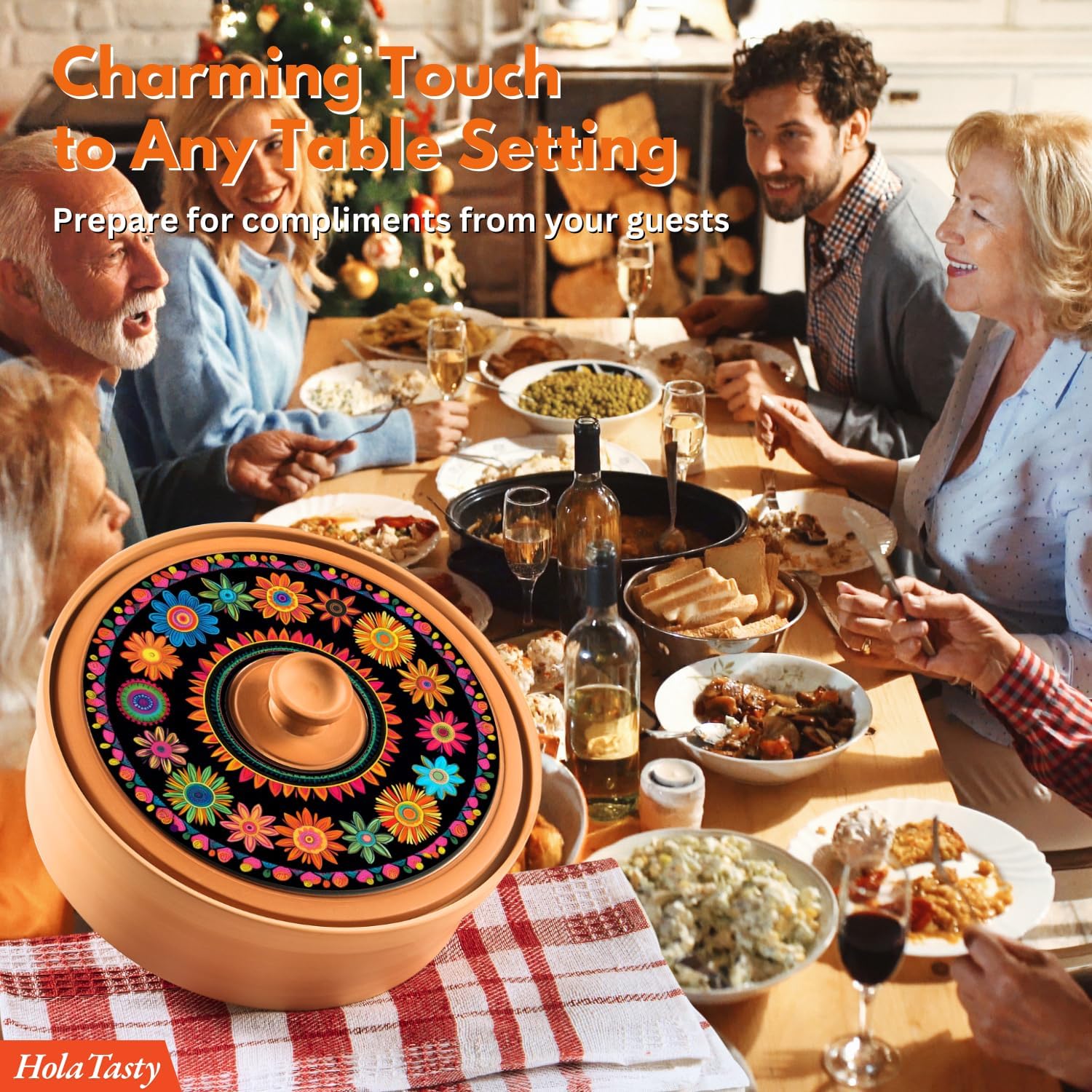 Terracotta Tortilla Warmer Day of the Dead - Mexican Clay Tortilla Holder with Decorative Marigold Lid & Warmer Cloth, Authentic Día de Muertos Terra Cotta Tortillero Holder for Parties & Celebrations