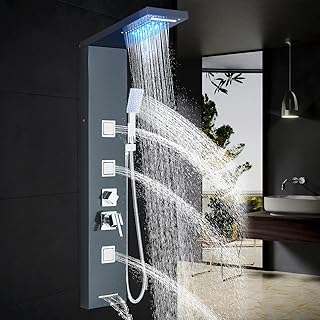 Duschpaneel mit Armatur 5 Funktionen Duschpaneel mit LED Regen Dusche 3 Massagedüsen Handbrause und Wasserfall Wanneneinlauf,Edelstahl Schwarz