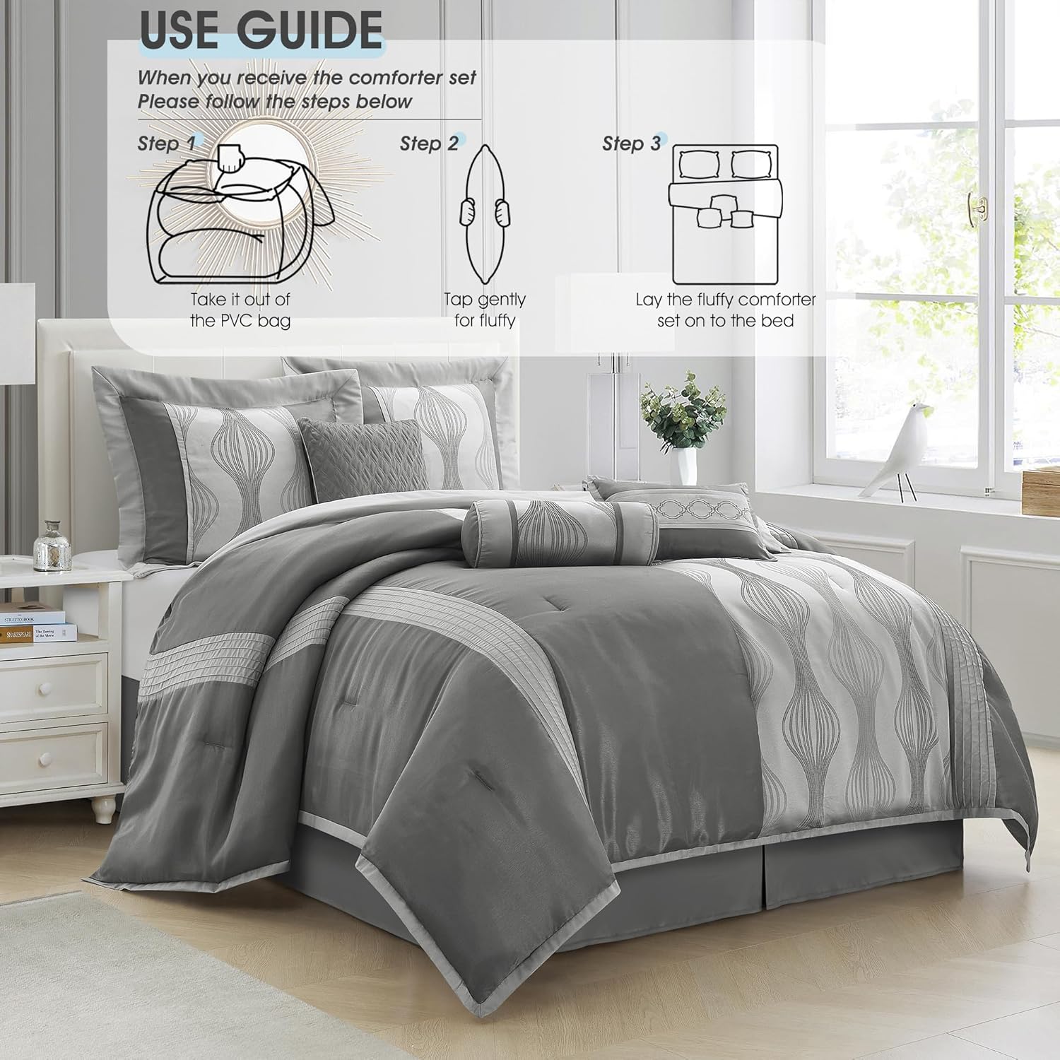 King Comforter Set, Grey, 7 Pieces in a Bag, Ultra Soft Jacquard with Solid Piecework, Luxury Bed Set with Comforters, Bed Skirt, Pillow Shams and Decorative Pillows - Image 7