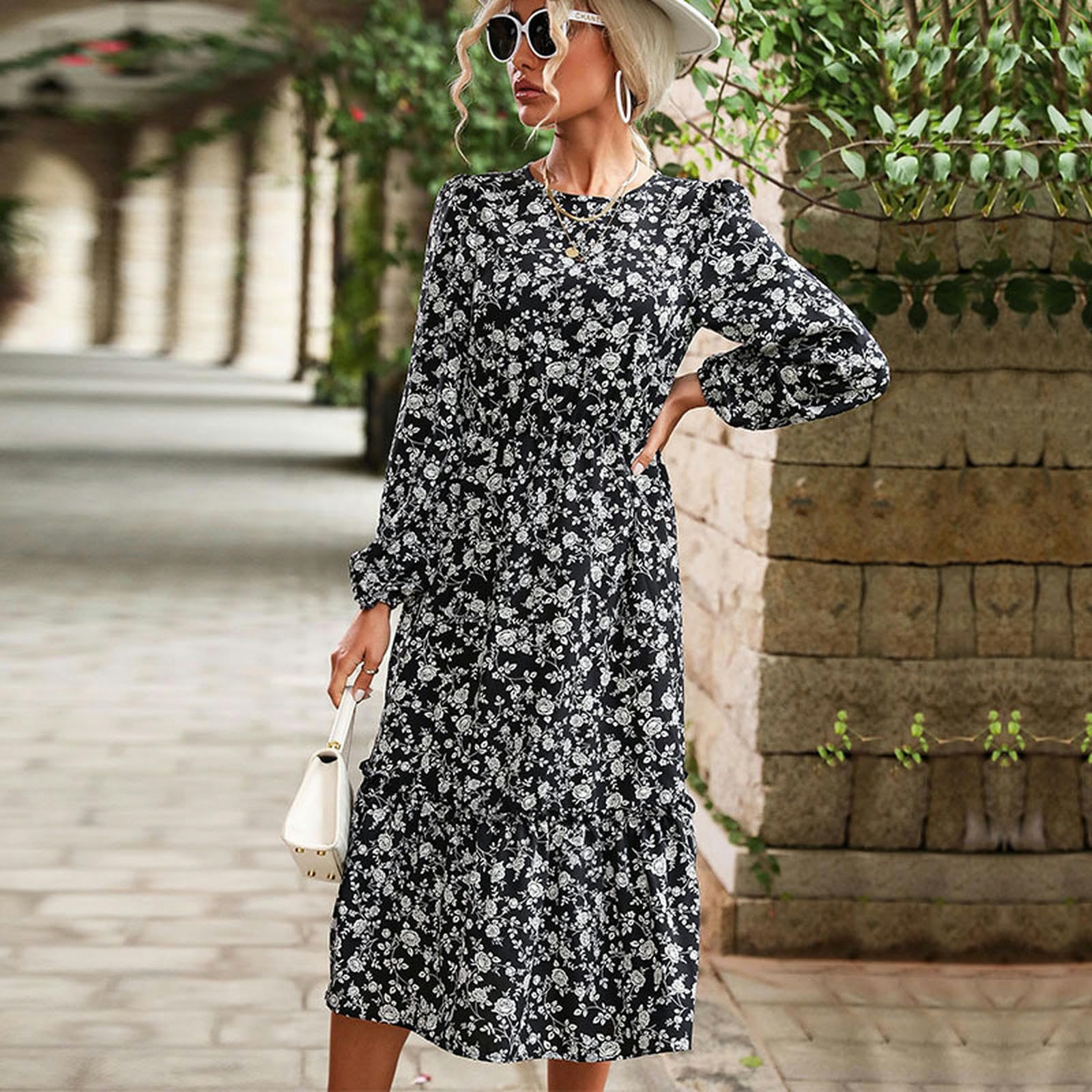 Vestidos para mujer, vestidos casuales de verano, manga larga, estampado floral, fiesta, playa, midi, YYEFNMAZ