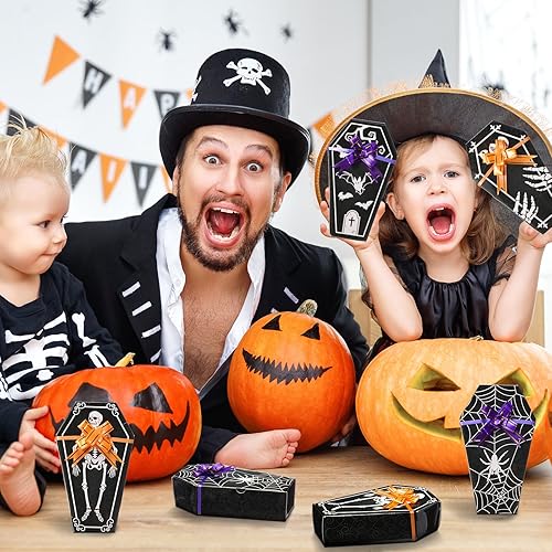 Miniatura 6 de PerKoop 24 cajas de regalo de ataúd de Halloween con 30 lazos de papel, cajas de dulces de ataúd a granel, caja de regalo con forma de ataúd para