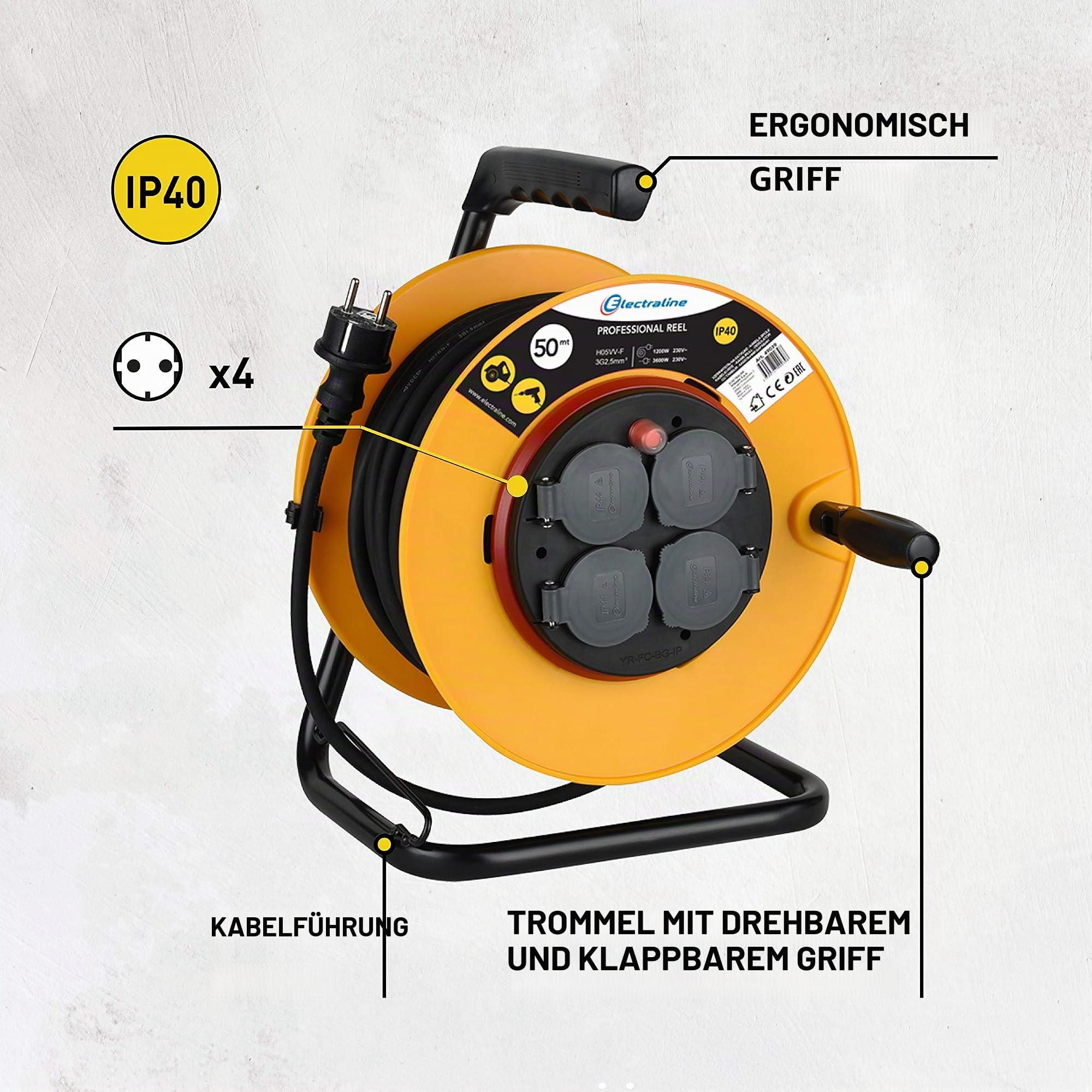 Electraline 49039, Kabeltrommel Professional, H05VV-F 3G2.5 50 mt Kabel/Kabelrolle mit 4 Schuko-Steckdosen, IP40