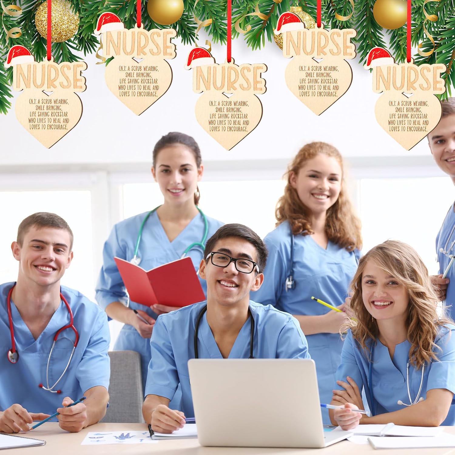 20 Pcs Wooden Nurse Christmas Ornament Christmas Nurse Appreciation Gifts Santa Hat Xmas Heart Hanging Ornaments Practitioner Gifts for Coworker School Xmas Tree Decor - Image 6