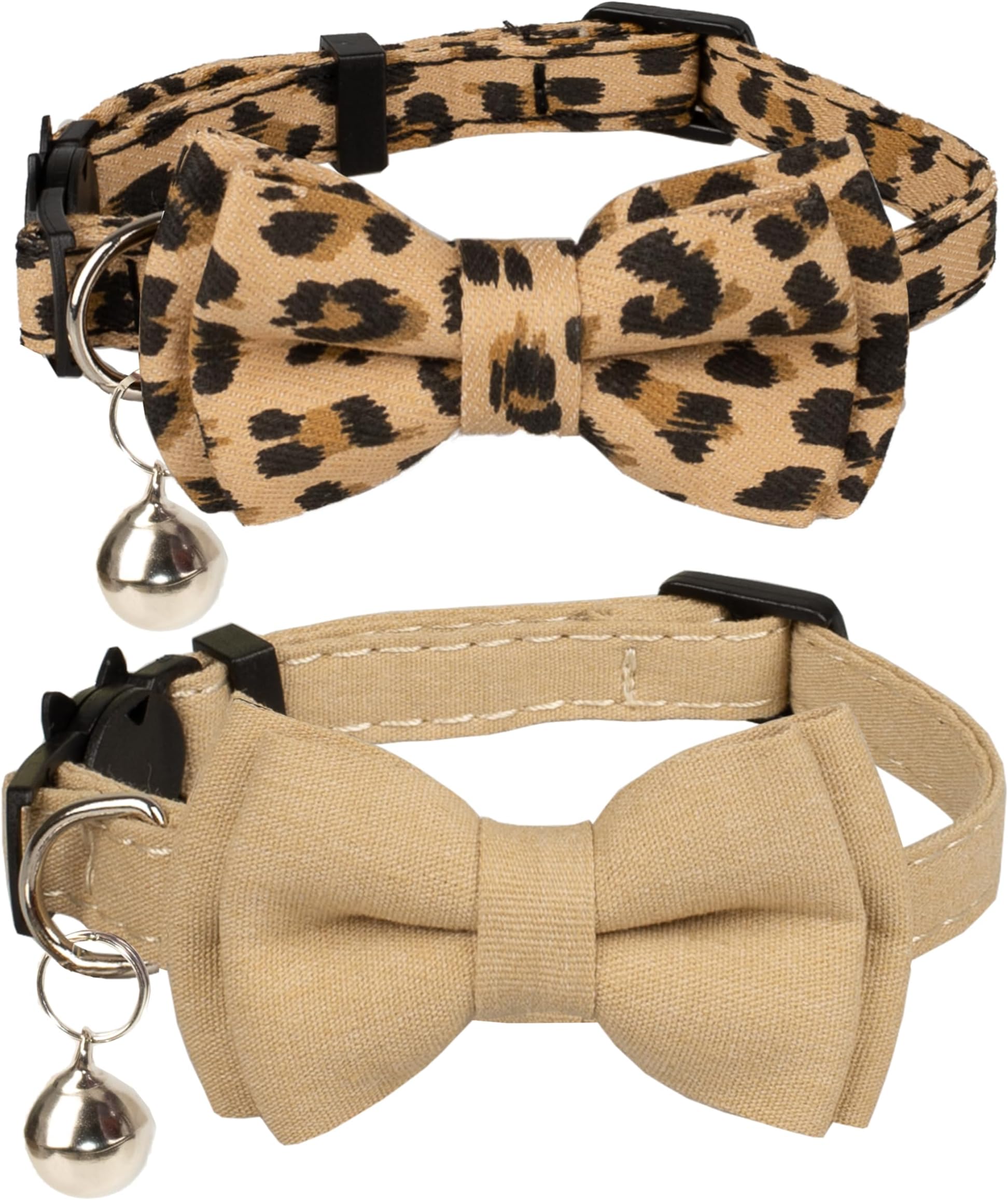 GyapetCollar for Cat Pet Breakaway with Bell Bowtie Detachable Bow Adjustable Safety Kitten Puppy Girl Boy 2pcs Beige Leopard & Pure