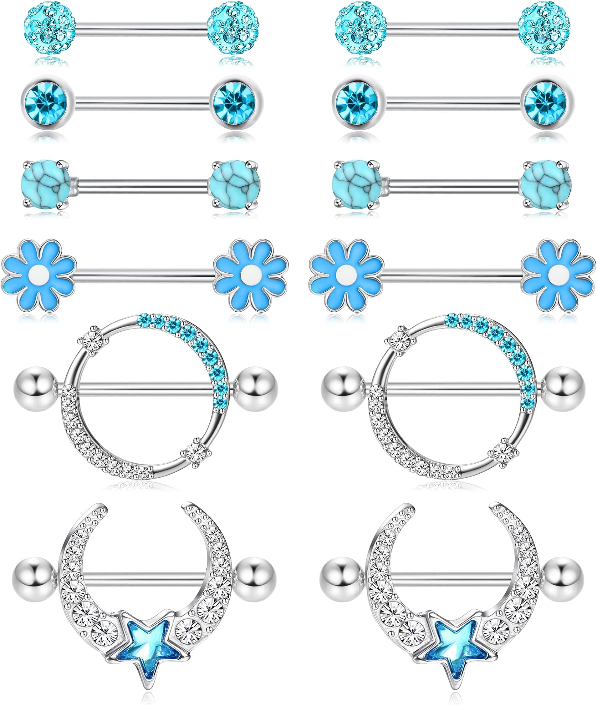 6 Pairs 14G Nipple Rings for Women 316L Stainless Steel Heart Butterfly Moon CZ Flower Barbell Nipple Rings Set Cute Nipplerings Piercing Jewelry