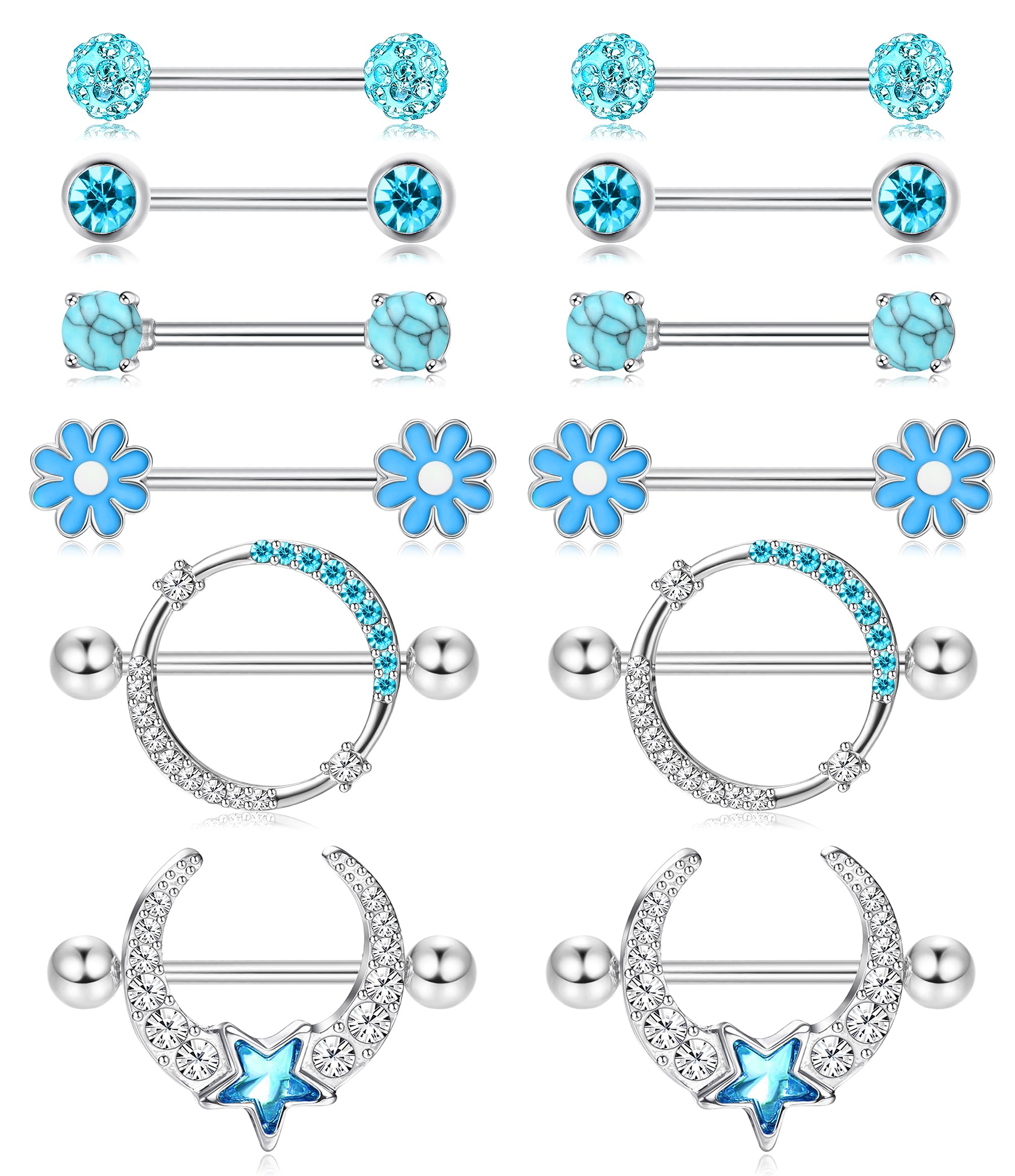 JOERICA 6 Pairs 14G Nipple Rings for Women 316L Stainless Steel Heart Butterfly Moon CZ Flower Barbell Nipple Rings Set Cute Nipplerings Piercing Jewelry