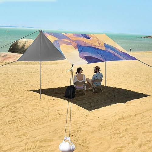 Miniatura 7 de Toldo de playa plegable para niños, protección UPF50+, ligero y portátil, refugio solar con sacos de arena y pala de arena para campamento, pícnics,