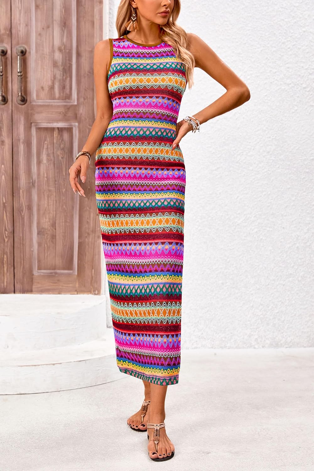 PRETTYGARDEN Womens Maxi Tank Spring Dress Sleeveless Crew Neck Striped Side Slit Casual Long Bodycon Dresses - Image 4