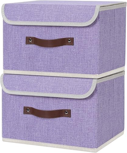 Miniatura 249 de ANMINY 2 contenedores de almacenamiento con tapa, asas de piel sintética, cajas de almacenamiento de plástico PP, decorativas, plegables, de tela