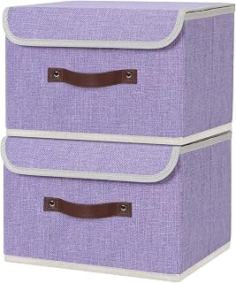 ANMINY Fabric Storage Box Bins with Lids, Purple, 13"x9"x7.9", 2 Pack | Keepsake Memory Storage, Cotton Linen, PP Board Reinforced, Washable, PU Handles, Foldable & Stackable, Decorative, Medium