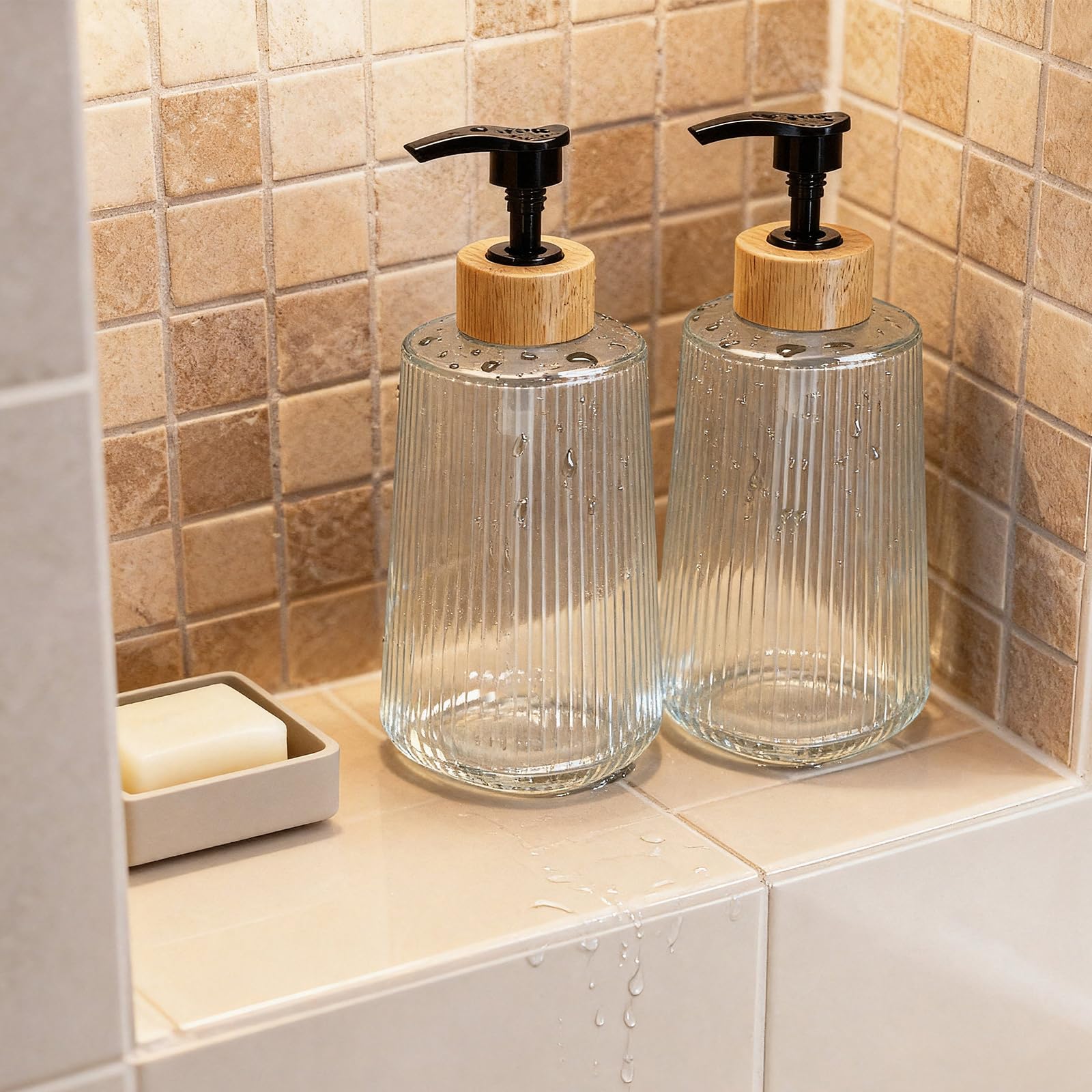 Dispenser di sapone in vetro, dispenser di sapone per le mani in vetro ispessito per bagno, cucina, bottiglie di liquido per lavare i piatti, bottiglie di shampoo e balsamo, stile moderno in stile