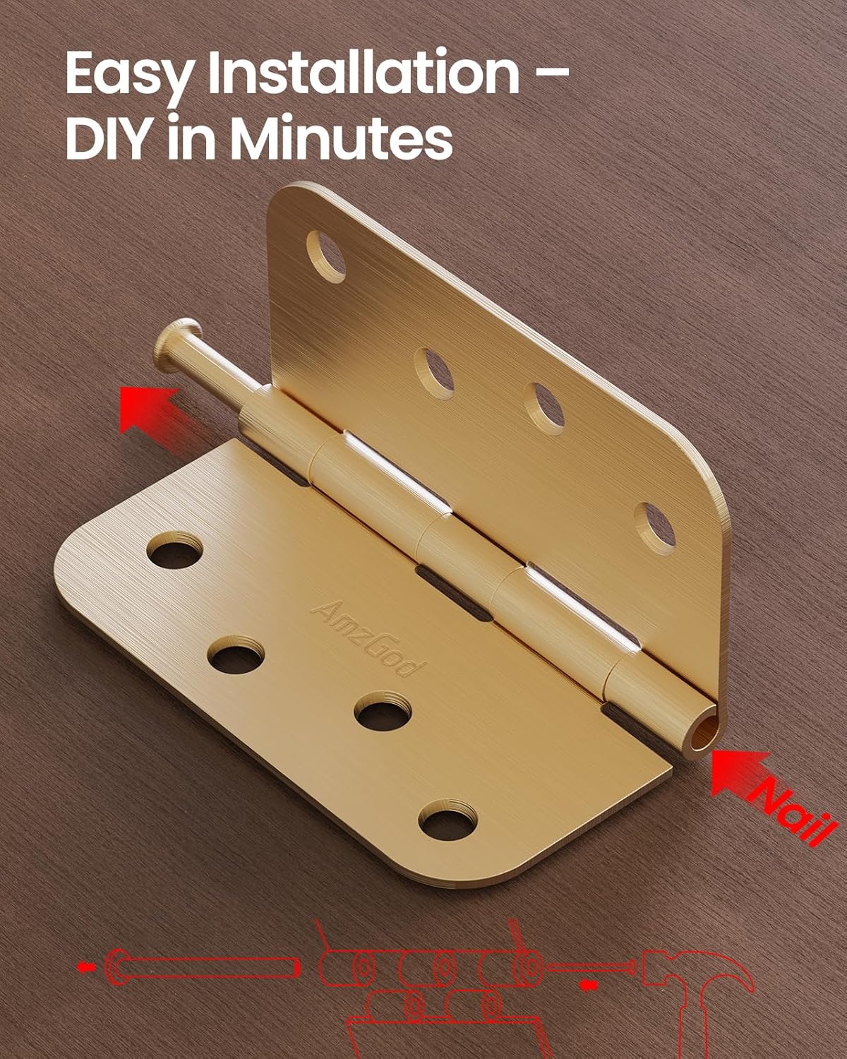 4" X 4" Satin Brass Door Hinges – 18 Pack Gold Door Hinges with 5/8" Radius, Rounded Interior Heavy Duty 4 Inch Exterior & Front Door Hinge for Residential Use