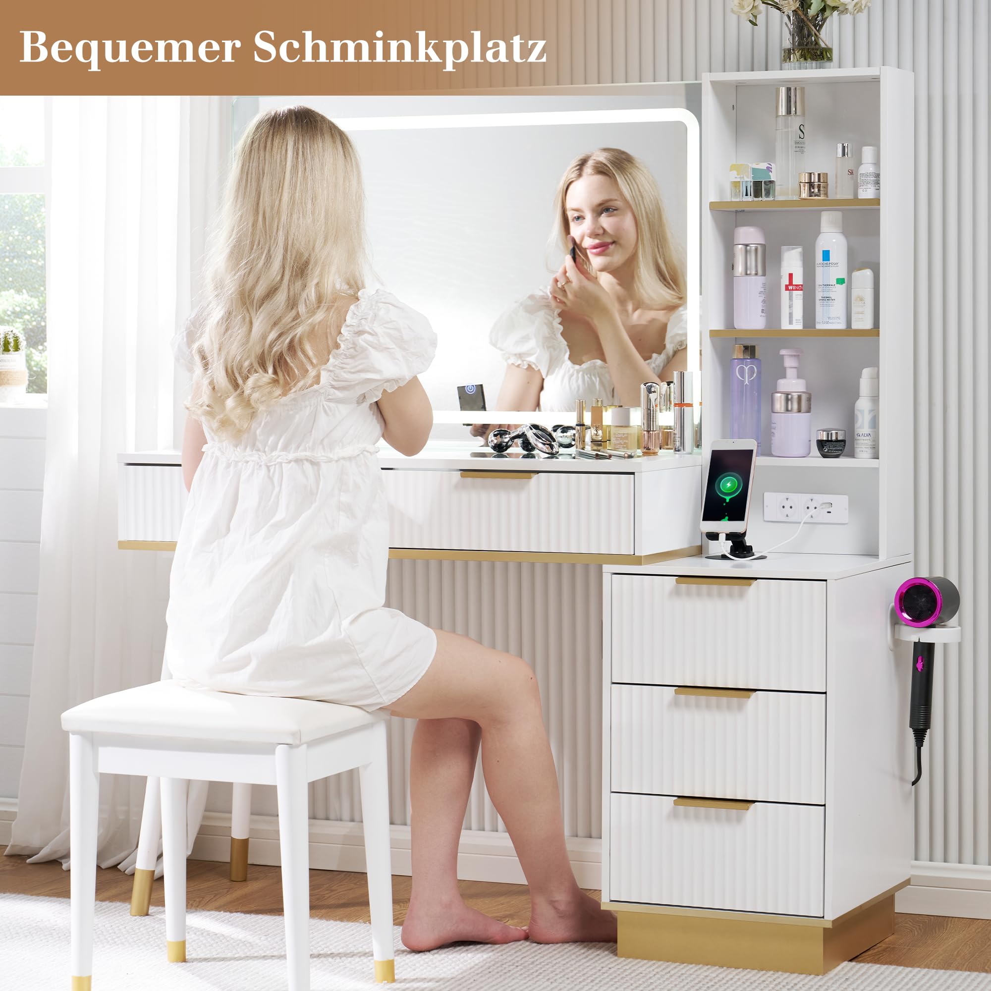 LUXOAK Großer Schminktisch mit LED-Spiegel und USB-Anschluss, 5 Schubladen, Glasplatte, Breites Design 122×40×137 cm, Stabil & Pflegeleicht, Ideal für Schlafzimmer