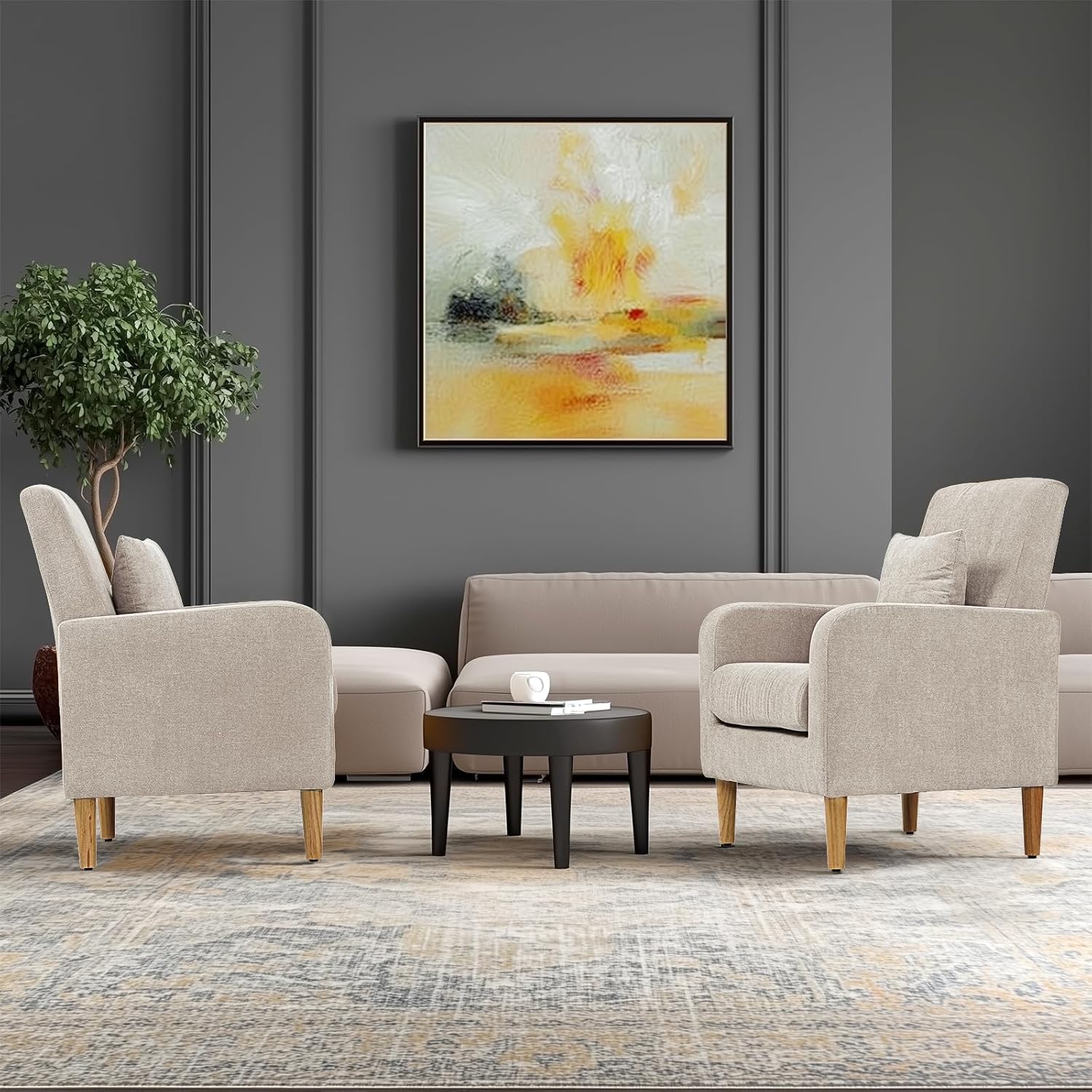 OS MOTOR Upholstered Sofa Chair with Pillow, Fabric Accent Armchair with Wooden Legs, Comfy Lounge Chair for Living Room, Bedroom, or Office, Supports up to 300 lbs (Beige)