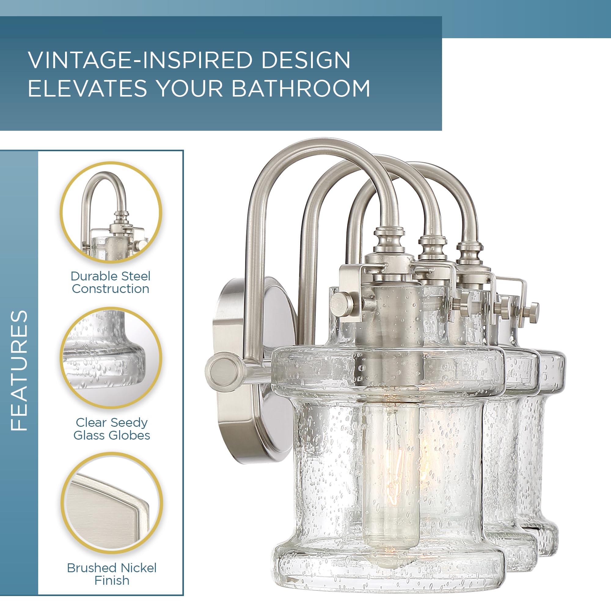 Quoizel Danbury Bath Vanity Lights, 24 Inch 3-Light Brushed Nickel Vintage-Inspired Bathroom Lighting Fixtures Over Mirror, 100W, Clear Seedy Glass, Wall Mount Light for Bathrooms, Kitchen or Hallway