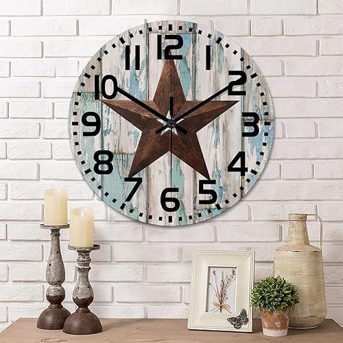 Reloj de pared decorativo de 12 pulgadas con estrella del oeste de Texas vintage reloj de madera de granja silencioso sin tictac funciona con pilas