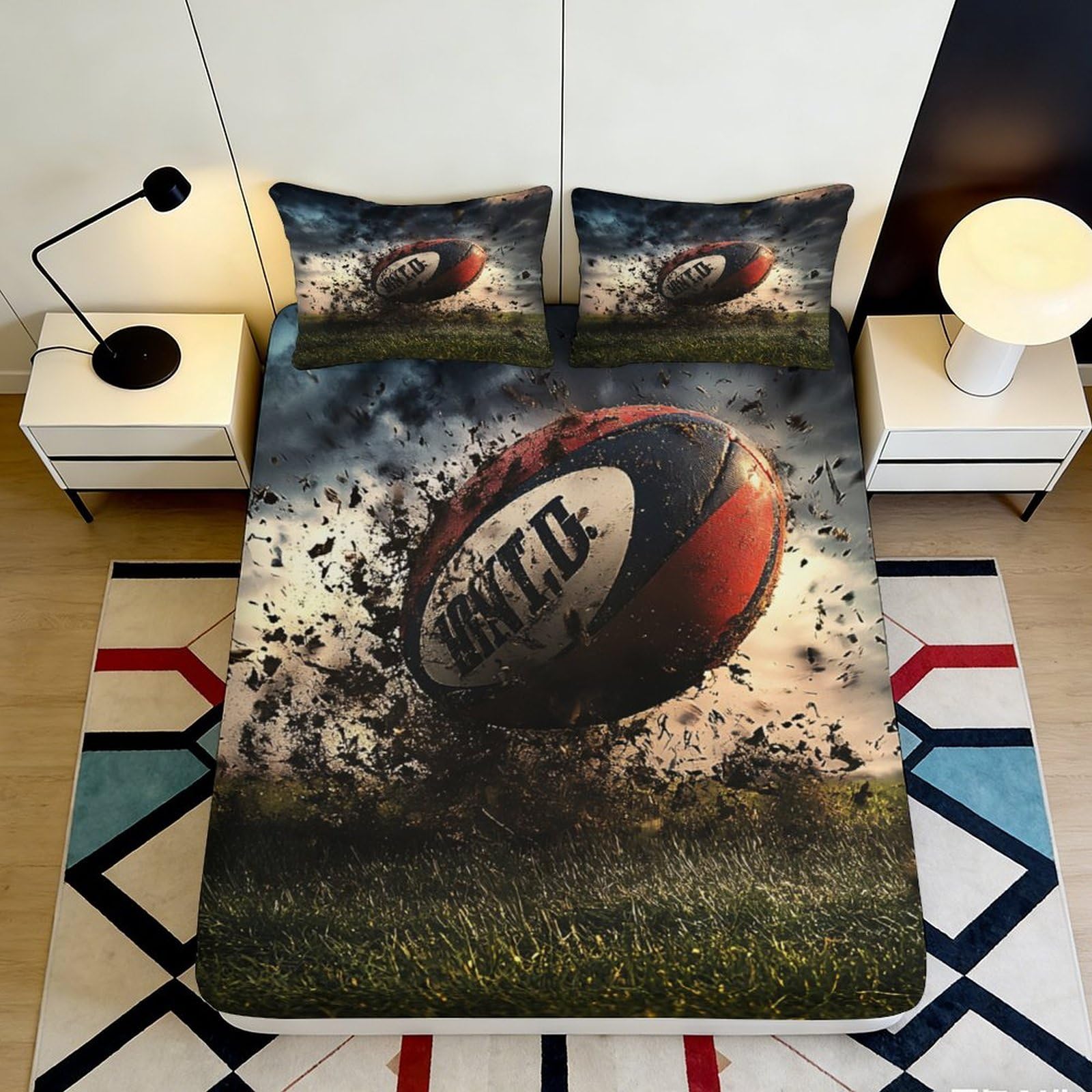 3D Printed Rugby Ball Fitted Sheet Microfiber Soft Breathable Exploding Dirt Bed Cover for Bedroom Dormitory Guest Room Mattress Protection 140x200x25cm