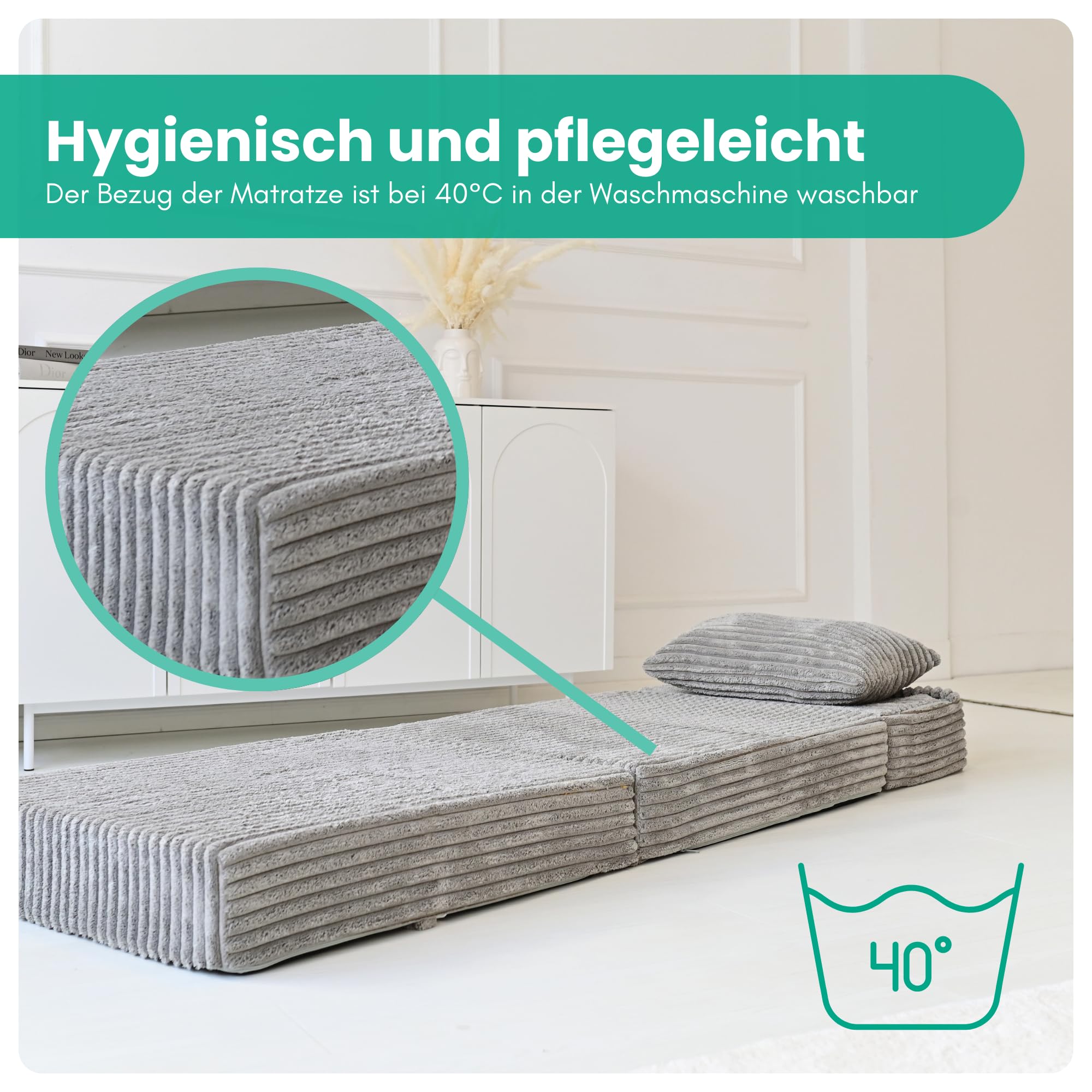 Odolplusz Premium składany materac 70 x 205 x 15 cm | 3-częściowy składany materac z odpinanym obiciem | Pianka ekstra gruba 15 cm | Składany materac składany dla gości, materac podróżny (szary)