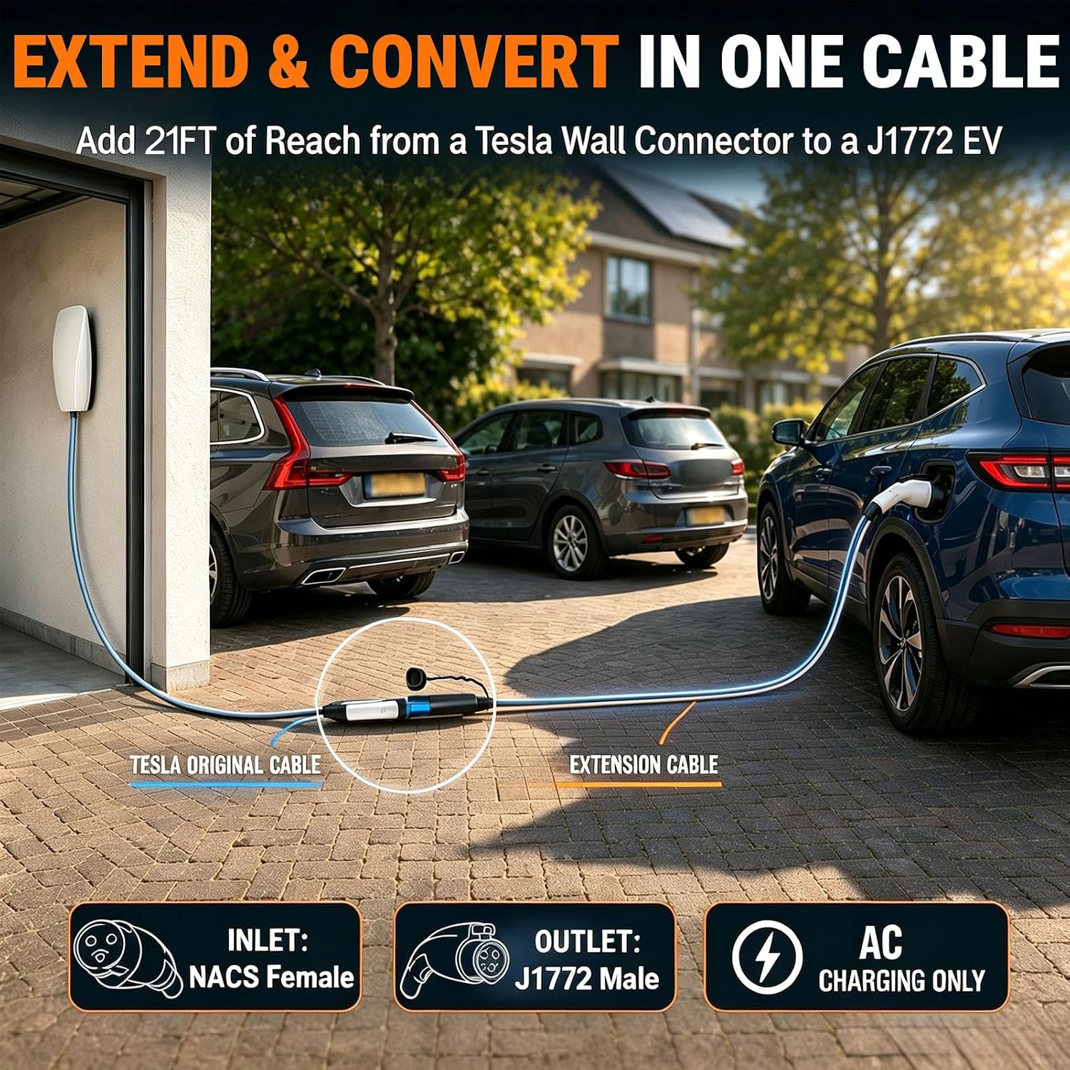 Tesla to J1772 EV Charging Extension Cable, 50A, 240V AC