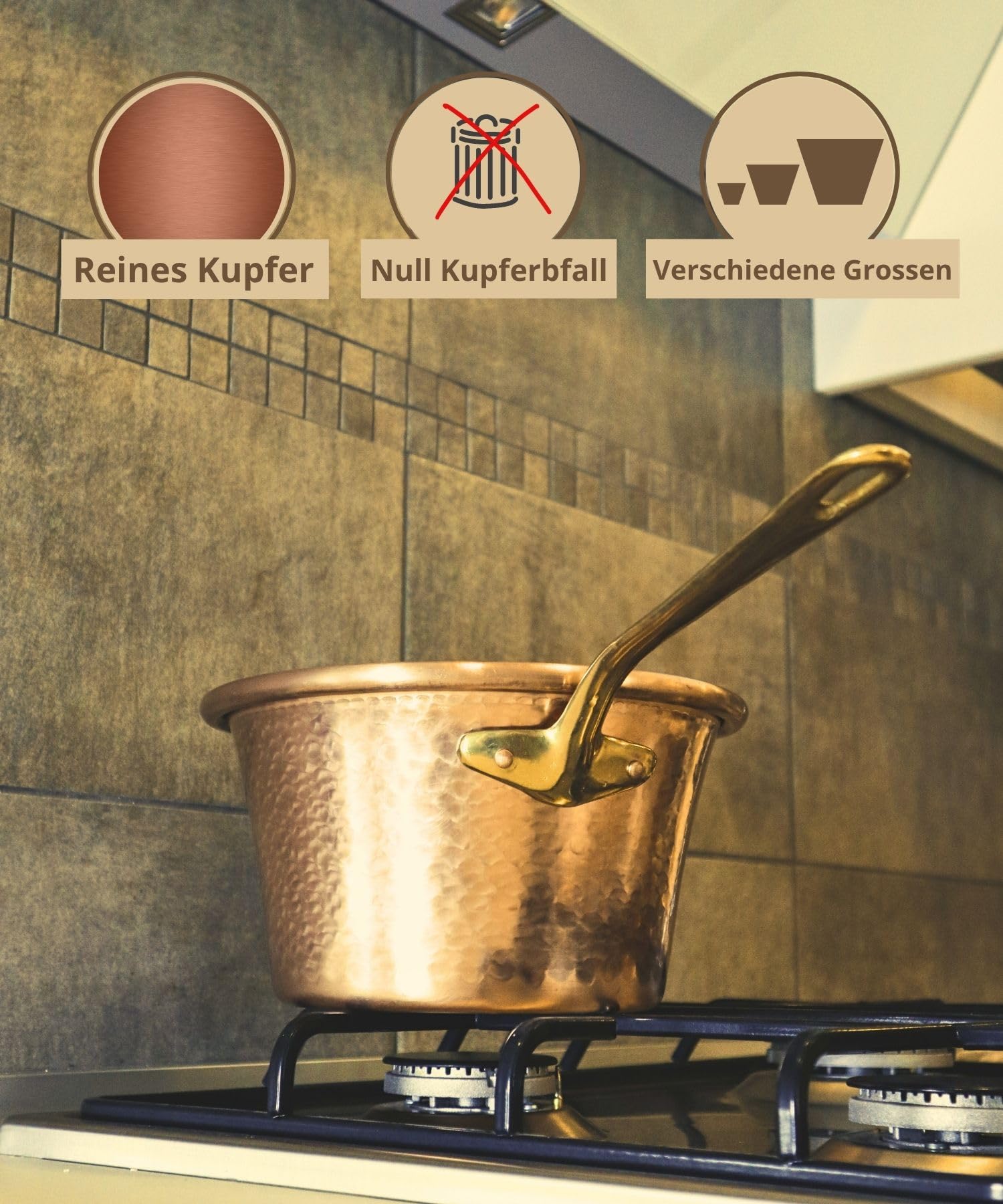 CREARTISTIC 100% Made in Italy- Kupferkessel - für Polenta - Kupfertopf für Marmelade -27cm Durchmesser- Handgefertigt aus Kupfer - Mit Messinggriff - Gehämmerter Kupferverarbeitung - für 6 Personen