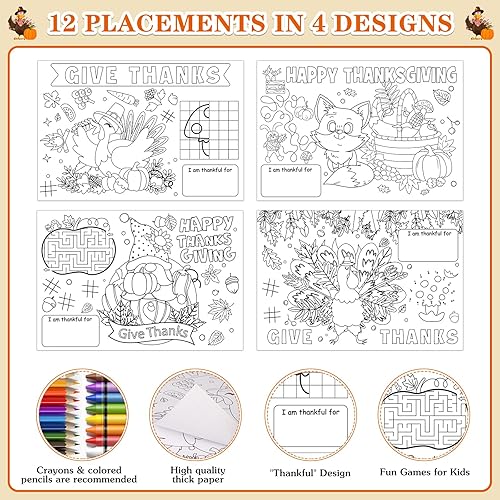 Miniatura 7 de FaCraft Colorea tu propio mantel individual de Acción de Gracias para niños, 12 hojas desechables de otoño, Acción de Gracias, manteles individuales