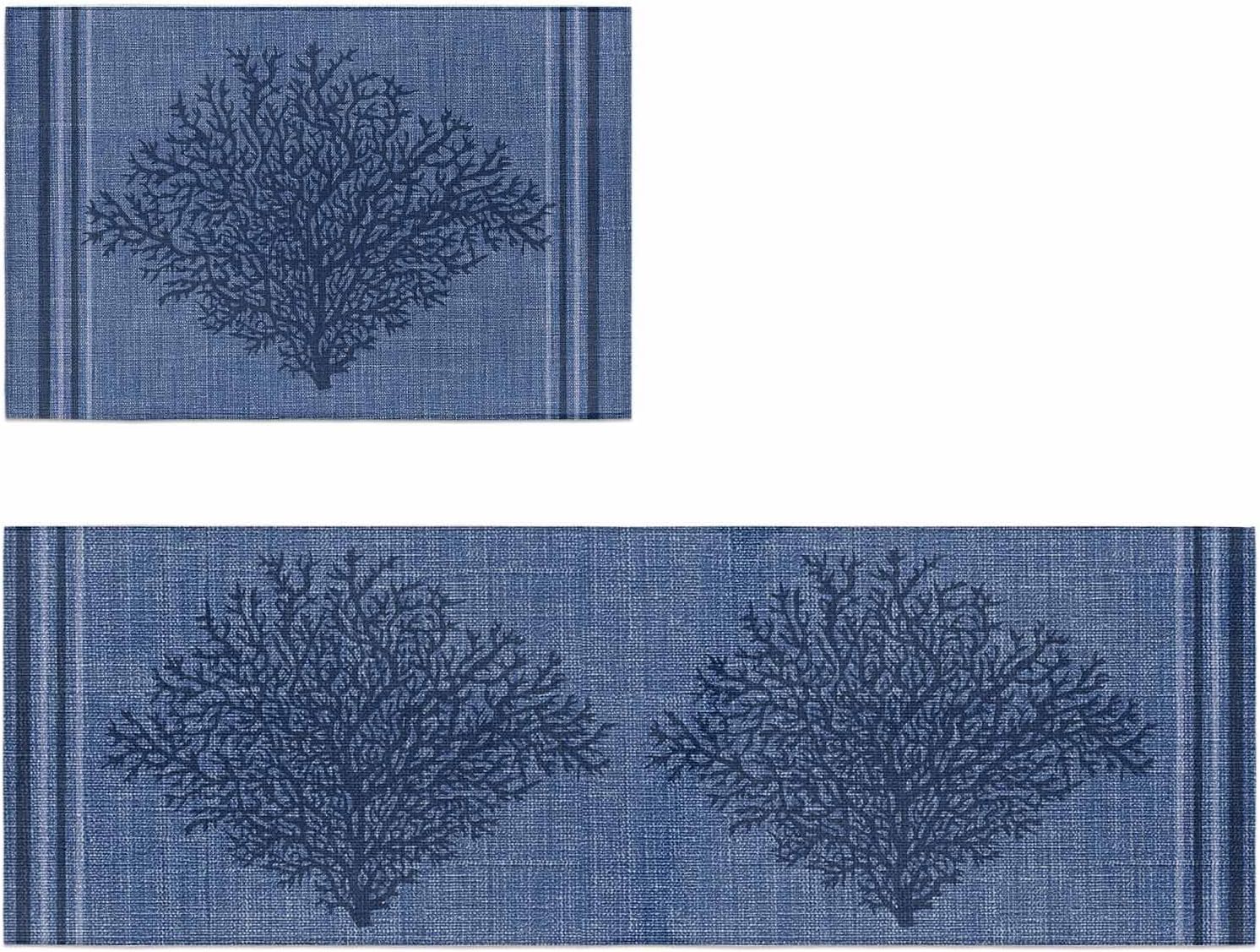 Kitchen Mats for Floor Coastal Ocean Coral Washable Non Slip Kitchen Rugs 2PCS, Marine Life Blue Linen Texture Absorbent Standing Mats for Sink Bathroom Office Living Room 15.7x23.6in+15.7x47.2in