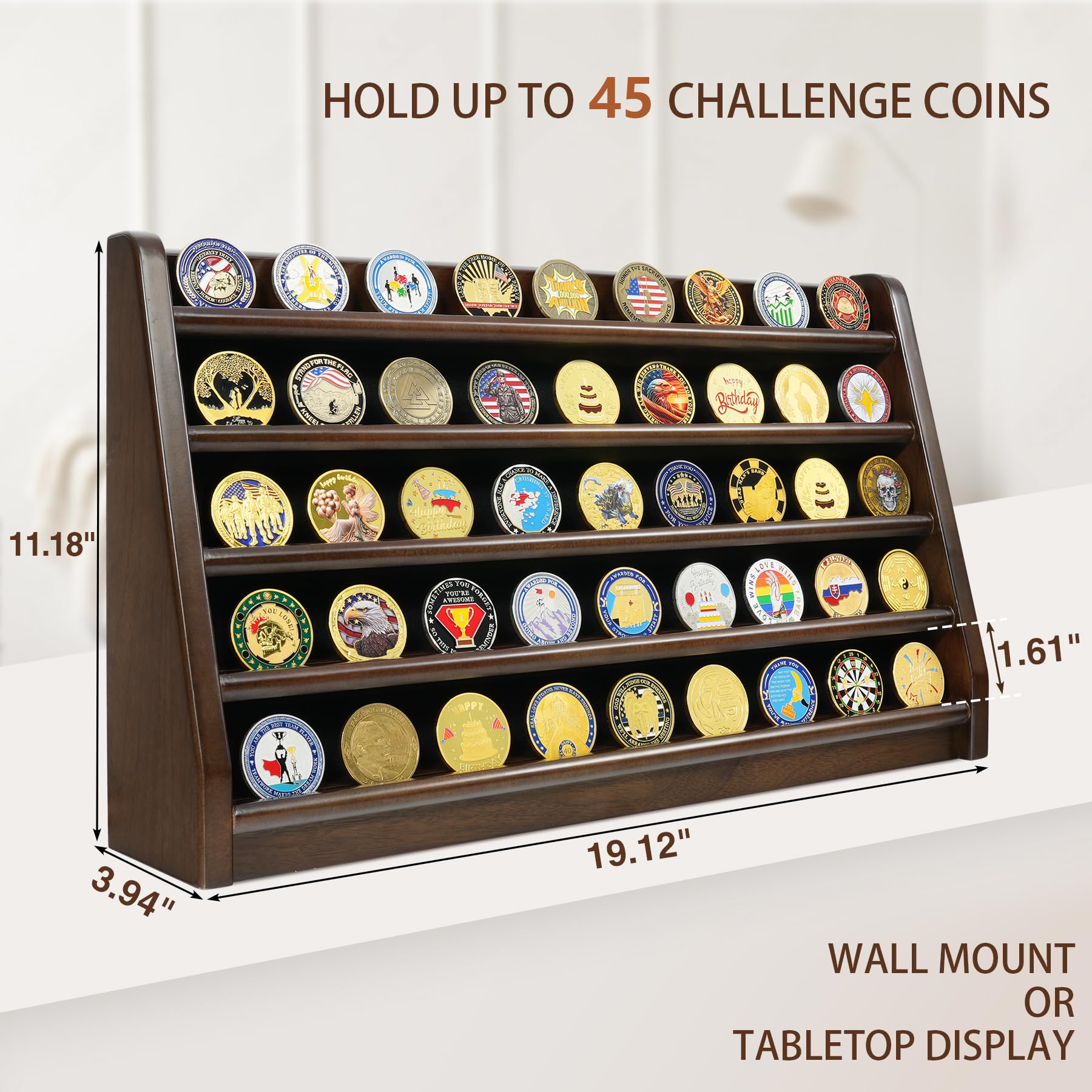 TJWZXX Challenge Coin Display Case, 5 Rows Military Wooden Holder Stand Holds 45 Coins for Wall or Desk Display, Coin Rack for Coin Collection
