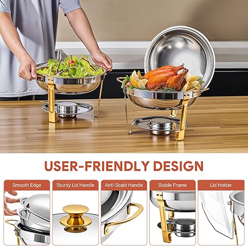 Miniatura 9 de WILPREP Recipientes Calentadores para Bufé, Paquete de 4 Juego de Recipientes Calentadores Redondos de 5 Cuartos de Galón con Marcos Plegables y 5