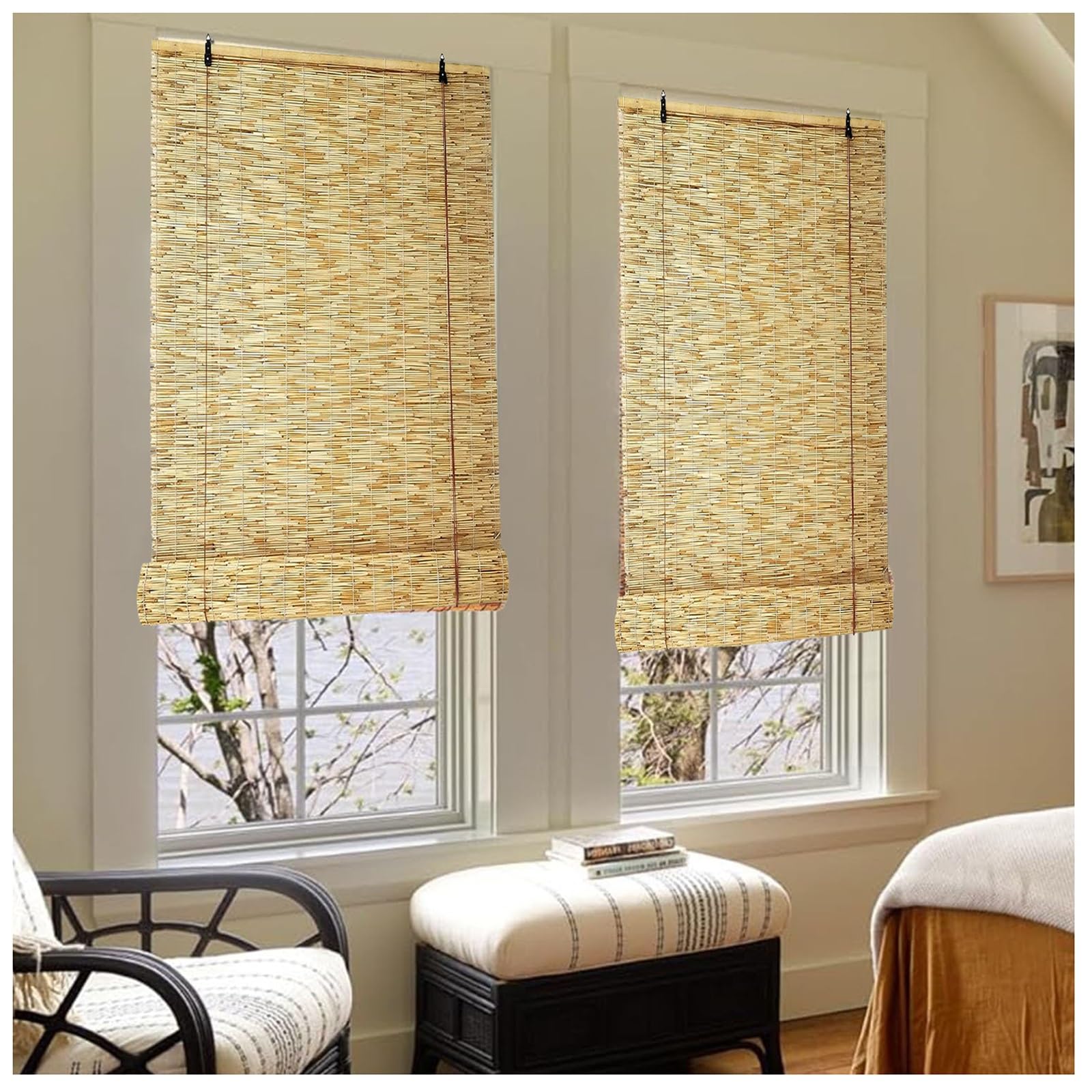 XIGOUZIQU Outdoor Bamboo Roller Blinds Bamboo Blinds Bamboo Roll Up Shades,Waterproof Roman Blinds Bamboo Shades for Indoor/Outdoor,Natural/Handmade,Decoration/Shade/Breathable(125x140cm/49x55in)