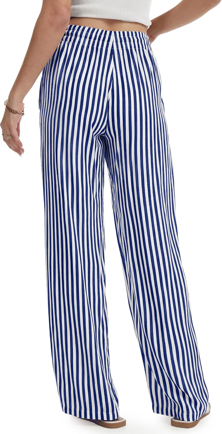 SEVEGO Tall Women 32"/34"/36" Inseam Striped Linen Pants Elastic Waist Wide Leg Pants Casual Summer Beach Trousers