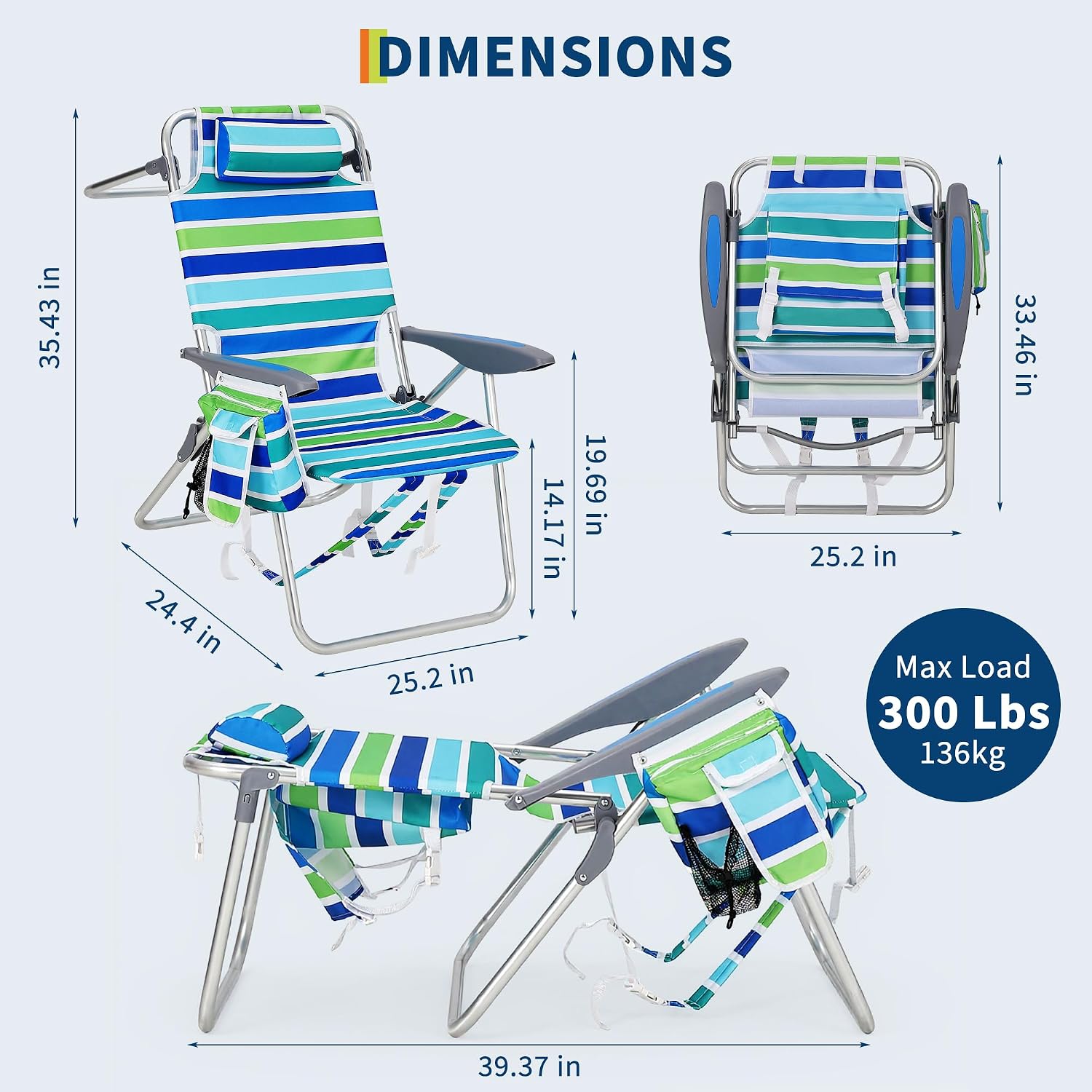 GarveeLife High Backpack Beach Chair for Adults 2 Pack, Lightweight Portable Lay Flat Folding Beach Chair with 5 Positions, Backpack Straps, Phone Pocket, Cup Holder, Cooler Pouch & Towel Bar