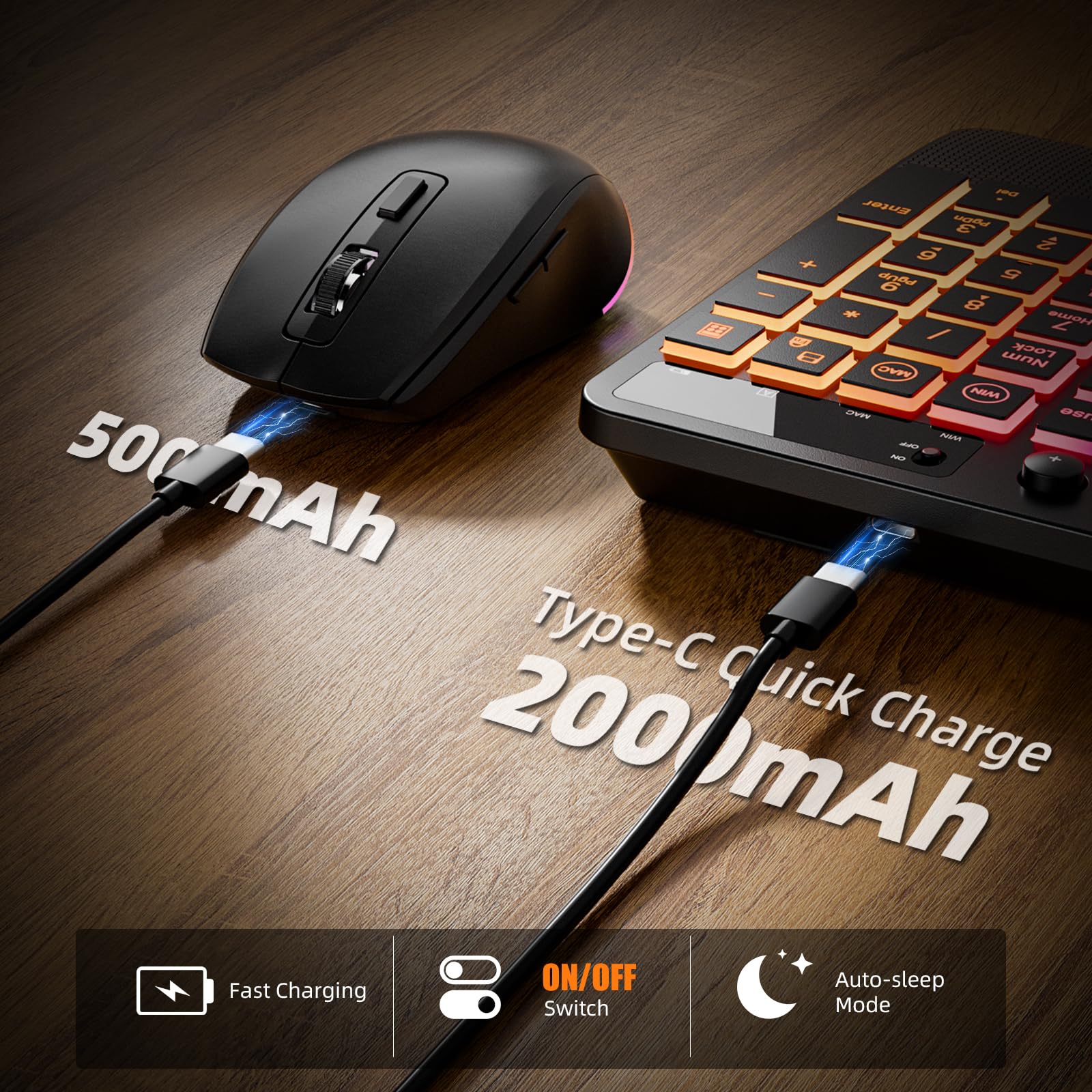 Hamile Combinazione di tastiera e mouse wireless: effetti retroilluminati RGB, tastiera silenziosa ergonomica, poggiapolsi, ricaricabile 2,4 G, con supporto per telefono, compatibile con Windows, Mac