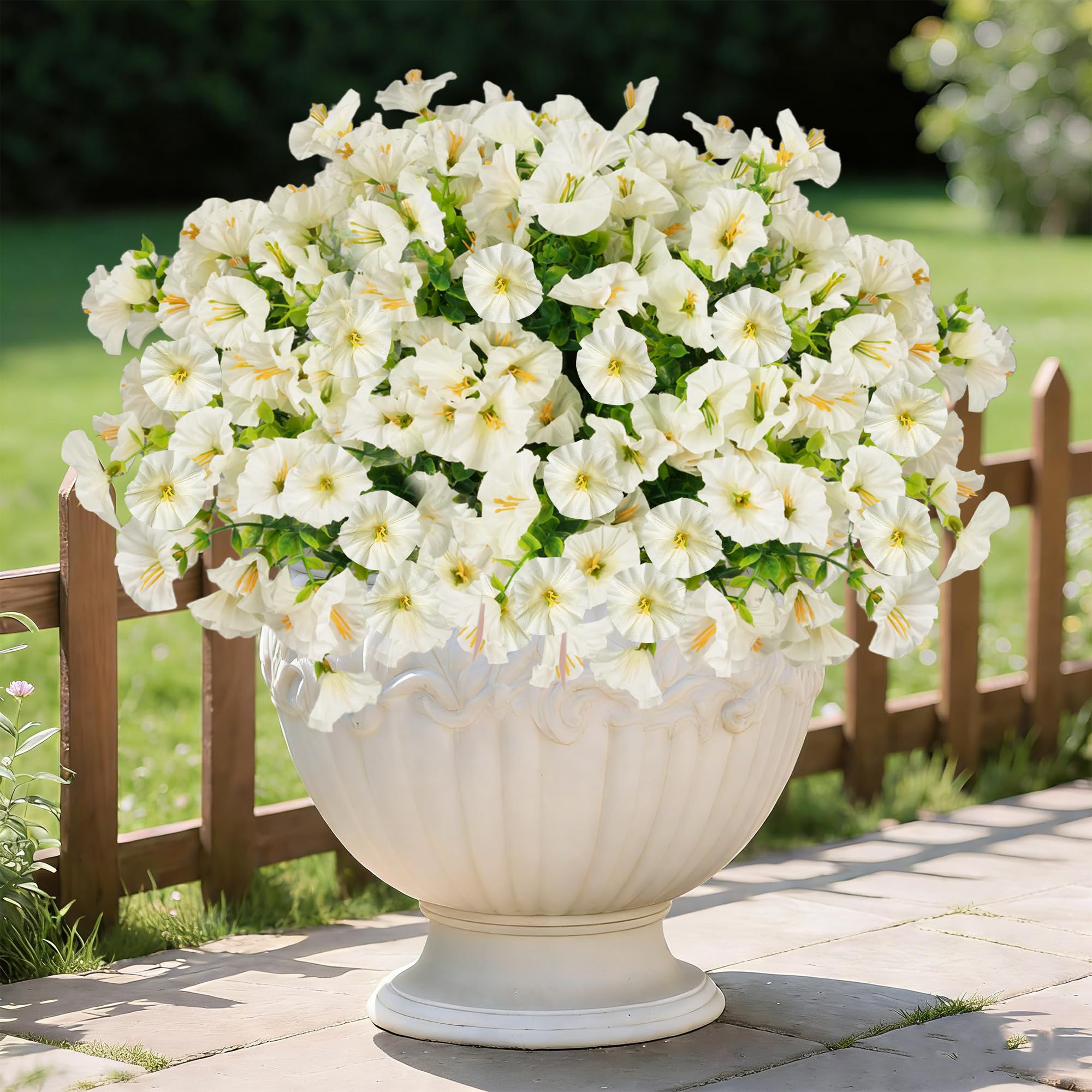 Cekene 16 Pcs Artificial Flowers Outdoor White UV-Resistant Fake Flowers Morning Glory with Stems Realistic Faux Plants for Outside Indoor Home Decor Planters Yard Patio Window DIY Wedding Bouquets