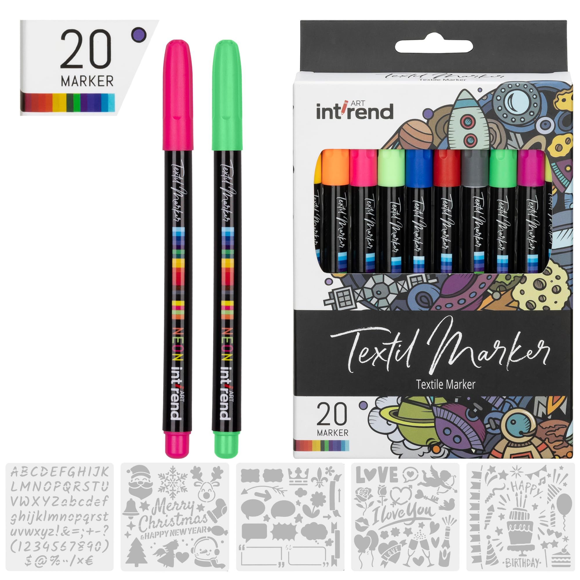 int!rend Rotulador Textil Permanente - Set 20x Rotuladores Textiles Permanentes Ropa con 5 Plantillas y 20 Colores - Rotuladores Permanentes para Tela - Pintura Textil Permanente y Lavable