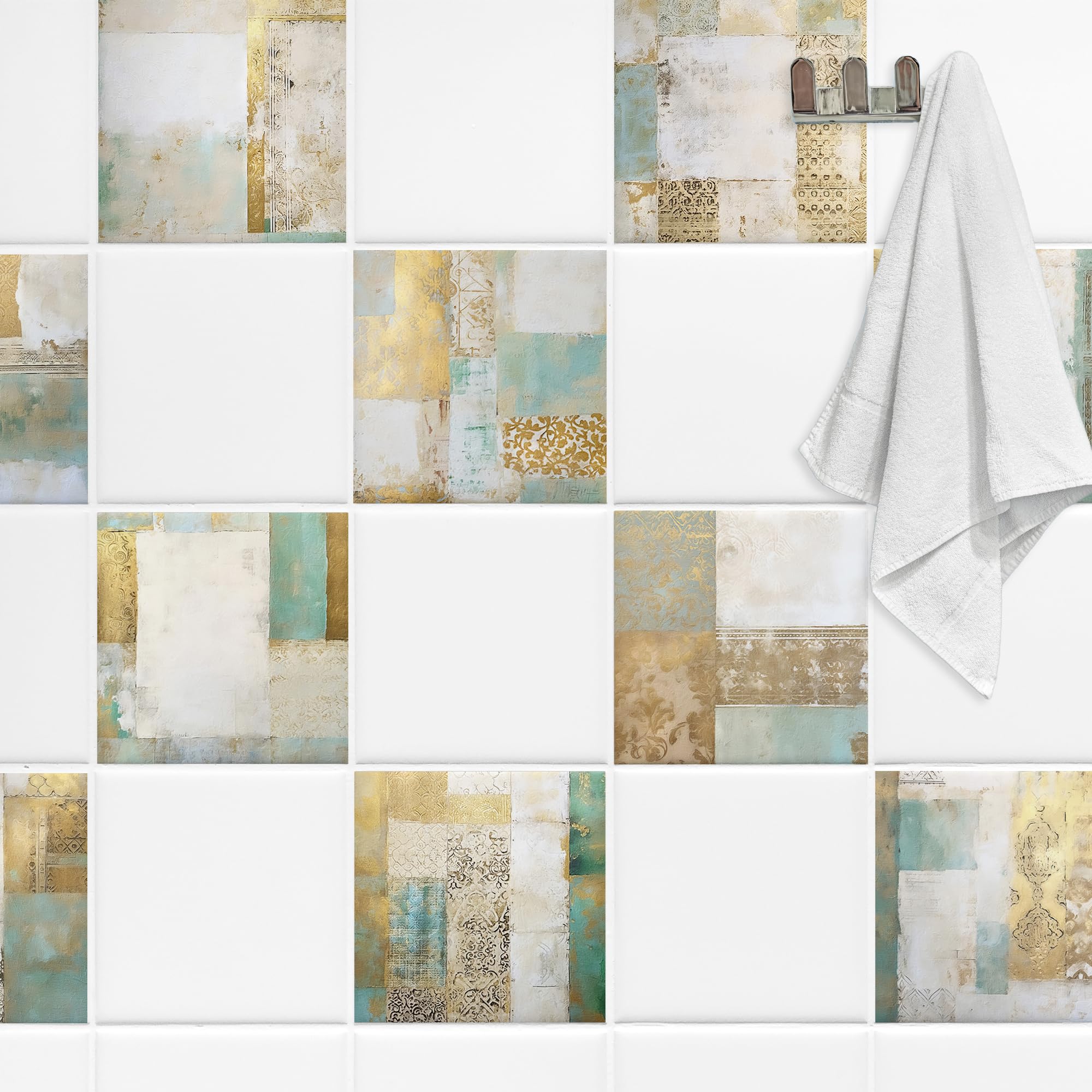 GRAZDesign Fliesenaufkleber Bad & Küche Textur Gold Türkis Klebefliesen selbstklebend - 20x25cm / 30 Stück