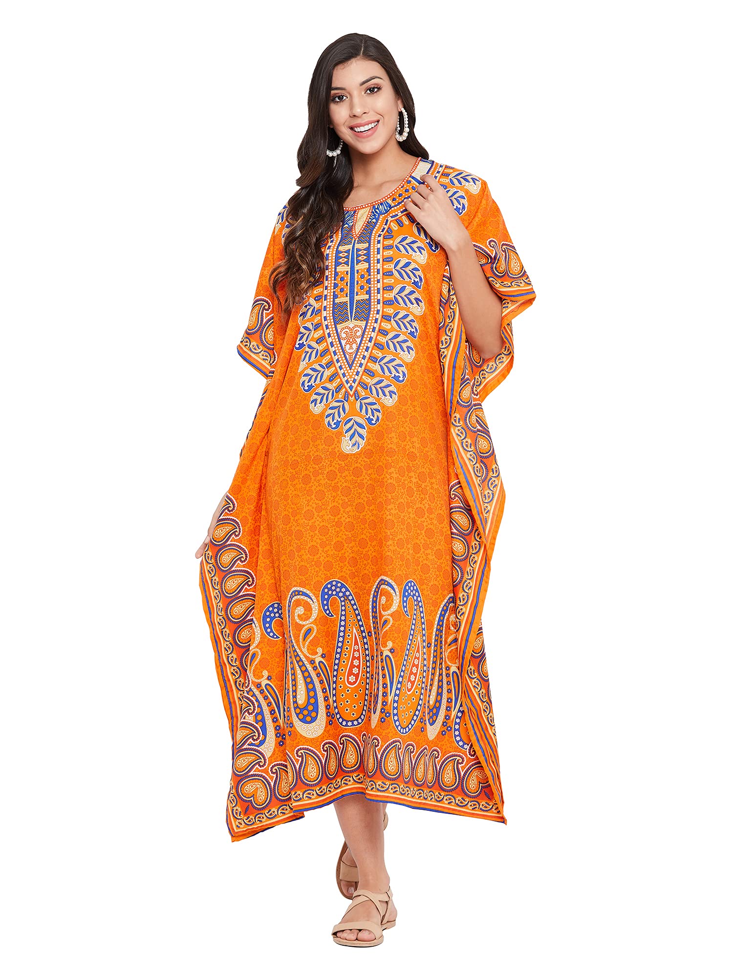 Women Polyester Casual Kaftan Long Plus Size Summer Beach Caftan Cover Ups Maxi Dresse for Ladies Boho Lounge Outfit