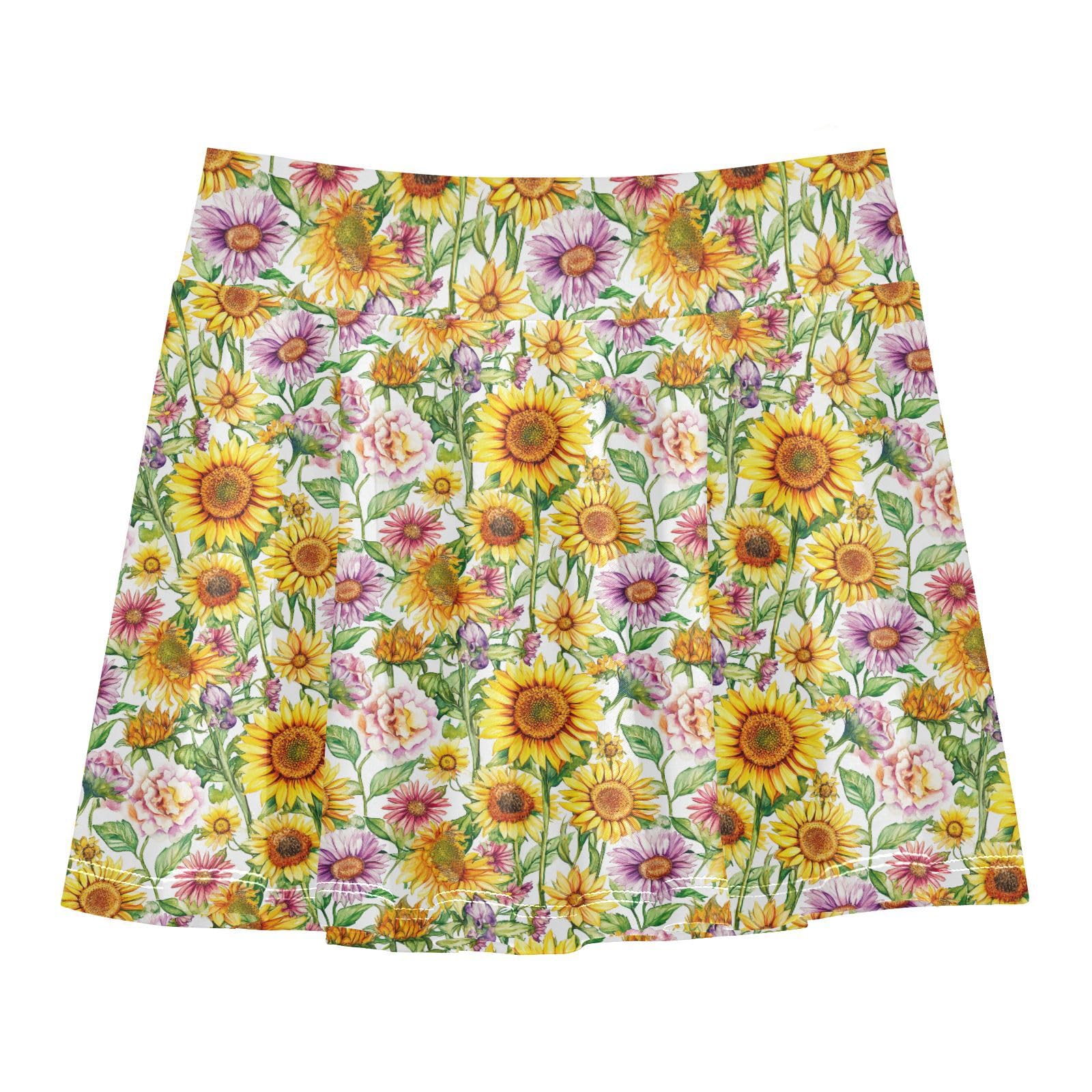 Watercolour Sunflowers Girl Athletic Skort with Built-in Shorts Pleated Skirt Kids with Pockets Flowy Scort Skirt Little Girl