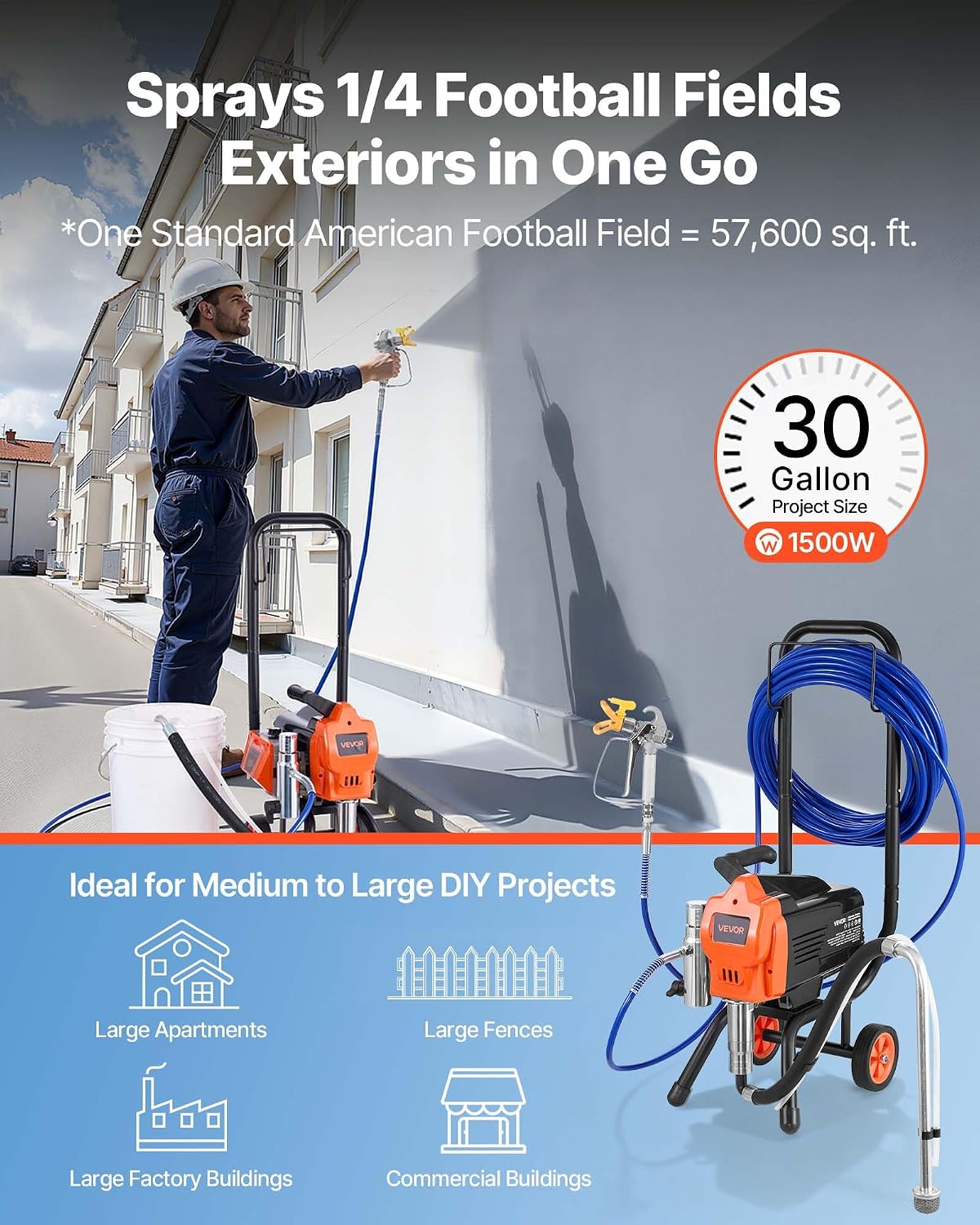 VEVOR Stand Airless Paint Sprayer, 1500W, 3300PSI High Pressure Airless Sprayer with Cart, Cleaning Brush, Hose, Extension Rod, Nozzles, Electric Spray Paint Machine for Large Apartments, Buildings