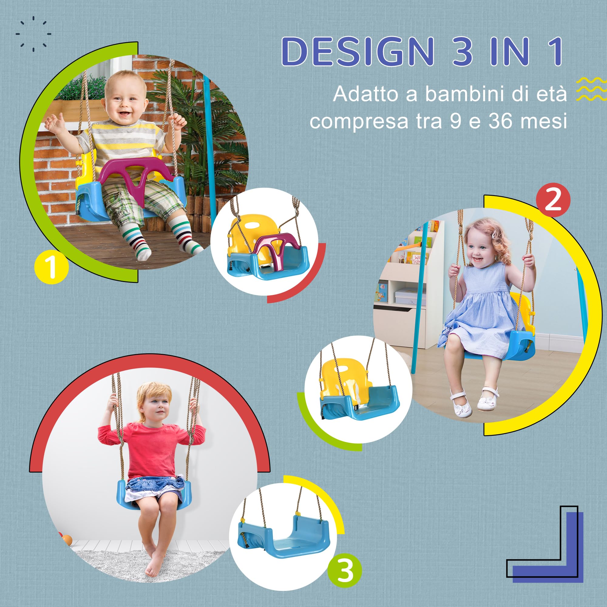 Outsunny Altalena per Neonati 3 in 1 da Interno ed Esterno, Età 9-36 Mesi, Altalena da Esterno con Corda Regolabile e Cintura di Sicurezza, 42x33x120-180 cm, Blu