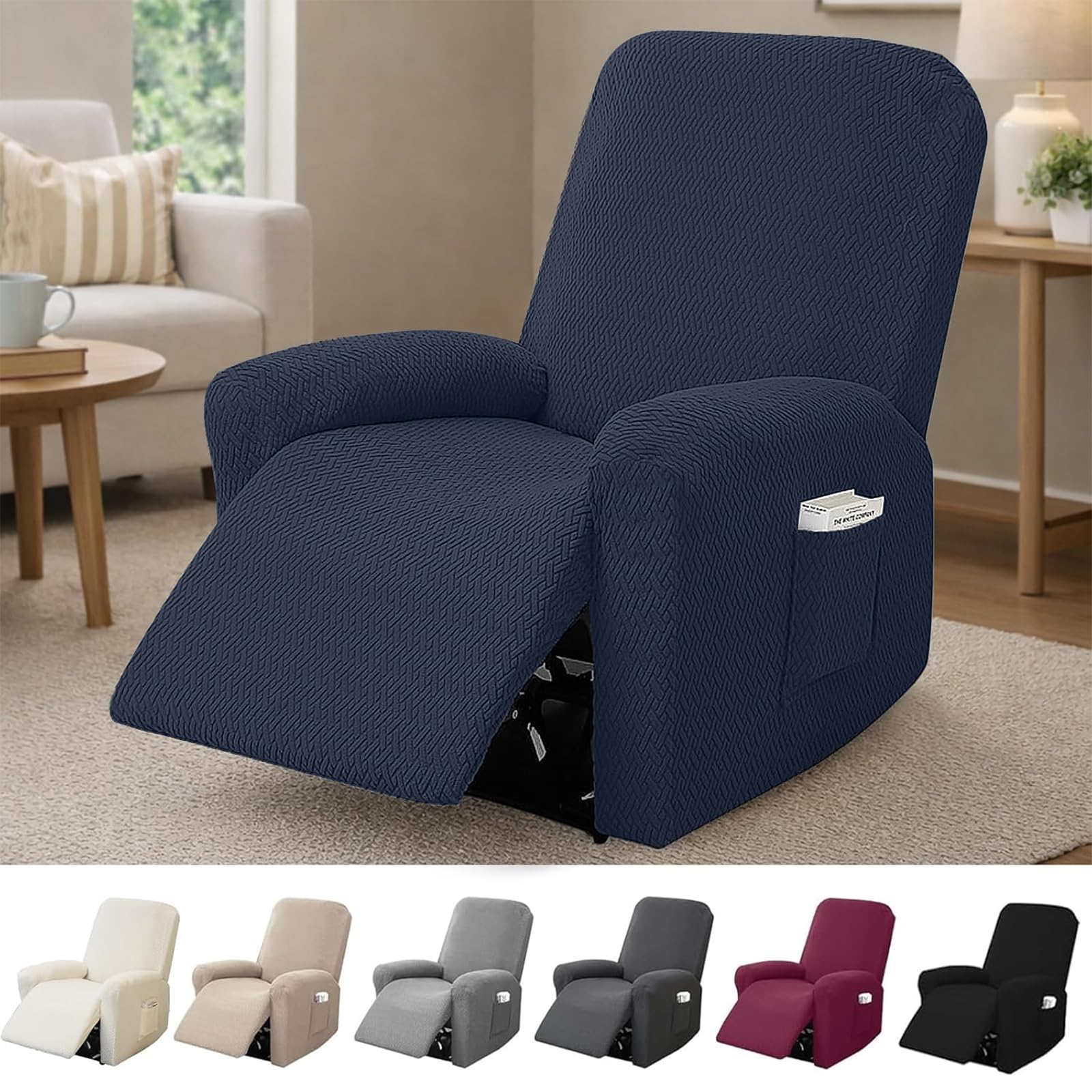 Hengrongshen 1-Seater Recliner Chair Cover, Stretch Chair Covers for Armchairs with Pockets, All-Inclusive Non-Slip Armchair Covers, Sofa Slipcovers Protector (Navy Blue)